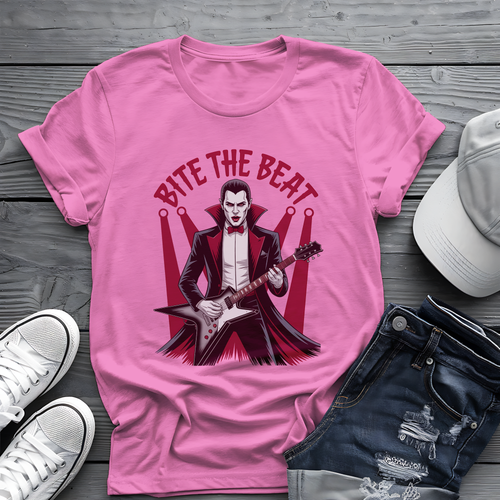 Bite the Beat Dracula Tee 🎸 Goth Rock Vampire Shirt - Spooky Halloween Music Shirt