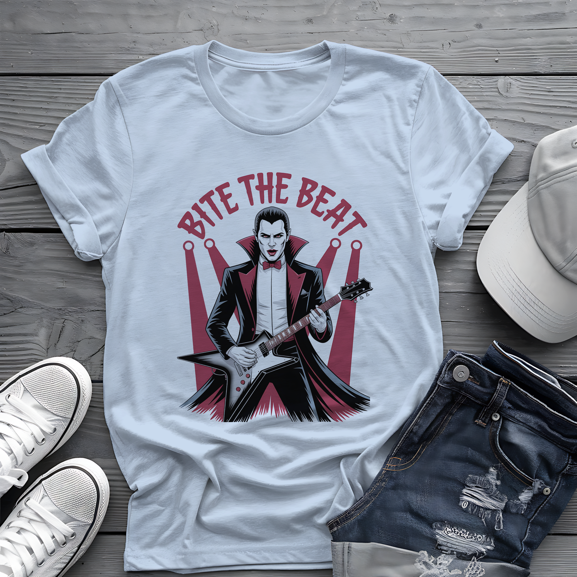 Bite the Beat Dracula Tee 🎸 Goth Rock Vampire Shirt - Spooky Halloween Music Shirt