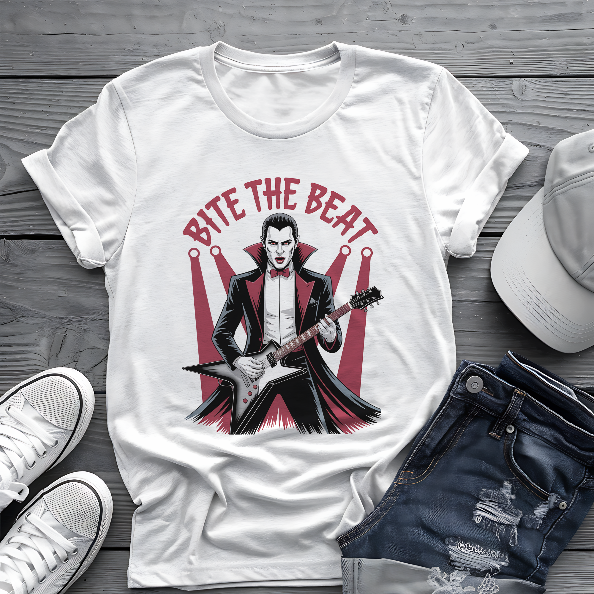 Bite the Beat Dracula Tee 🎸 Goth Rock Vampire Shirt - Spooky Halloween Music Shirt