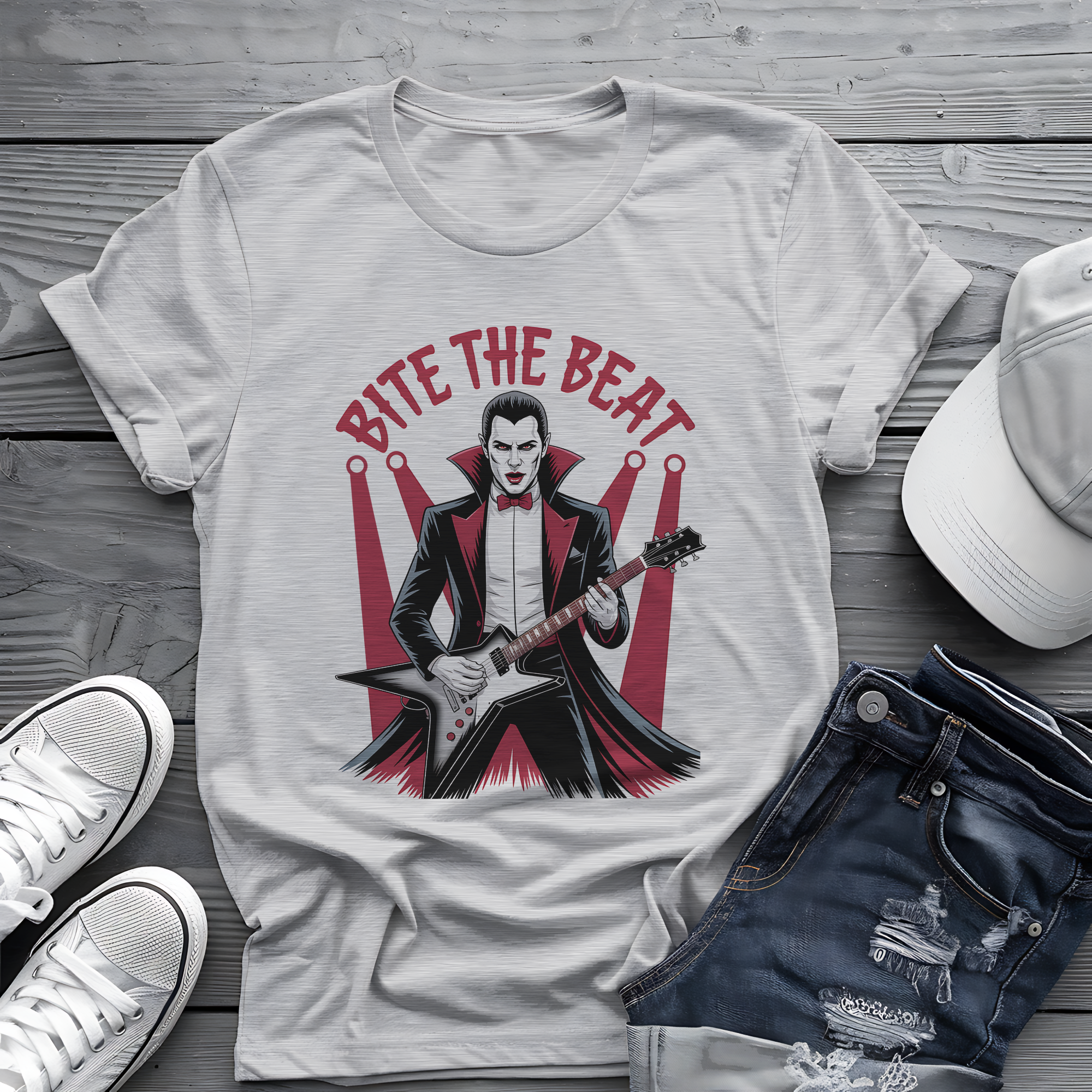 Bite the Beat Dracula Tee 🎸 Goth Rock Vampire Shirt - Spooky Halloween Music Shirt