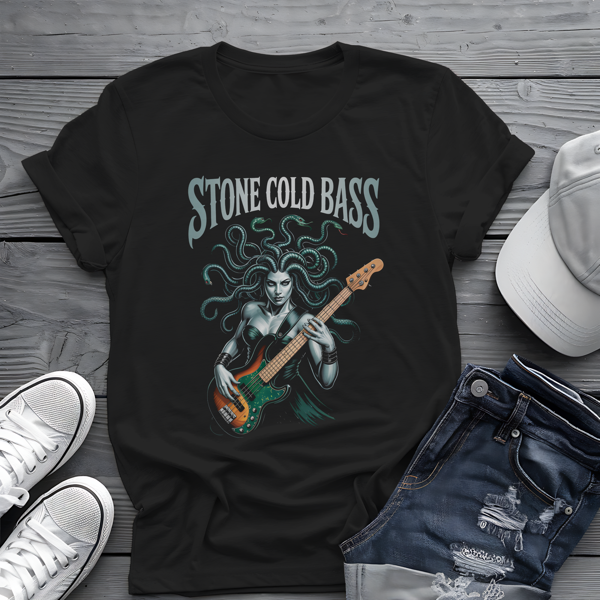 Stone Cold Bass Tee 🐍 Medusa Bassist Shirt - Spooky Music Shirt