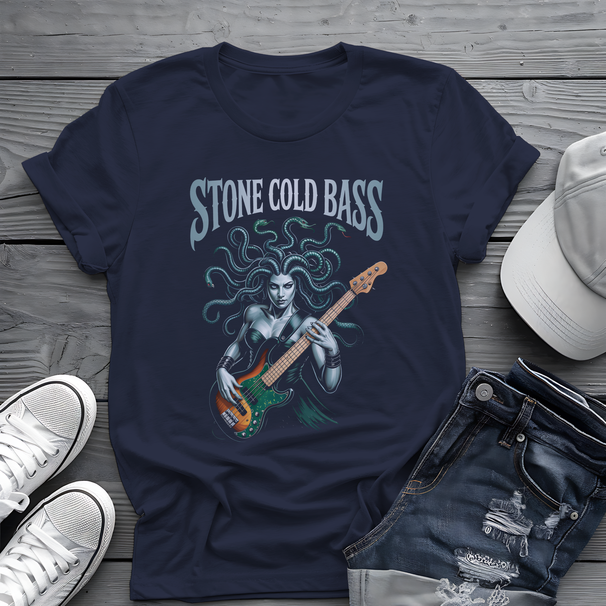 Stone Cold Bass Tee 🐍 Medusa Bassist Shirt - Spooky Music Shirt