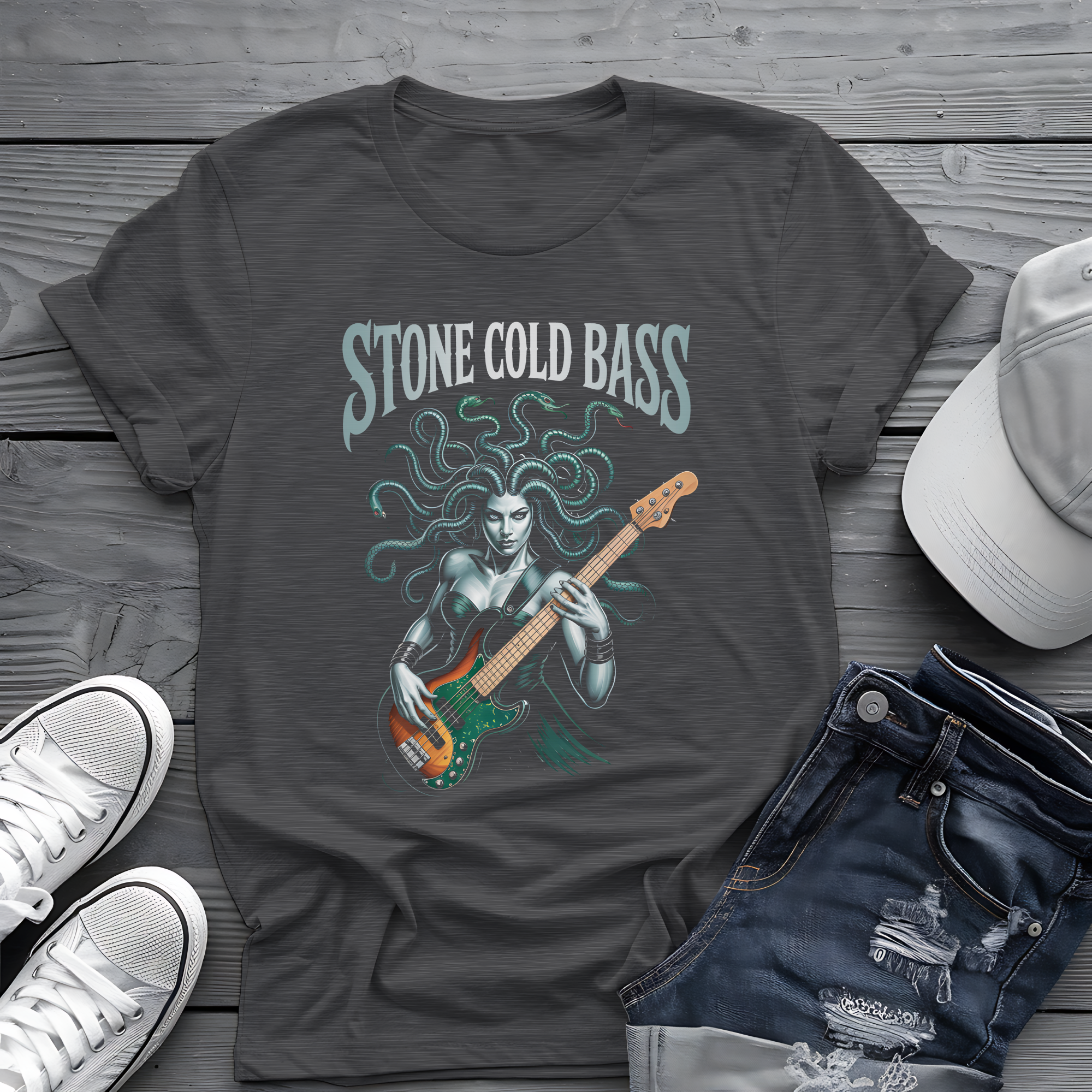 Stone Cold Bass Tee 🐍 Medusa Bassist Shirt - Spooky Music Shirt