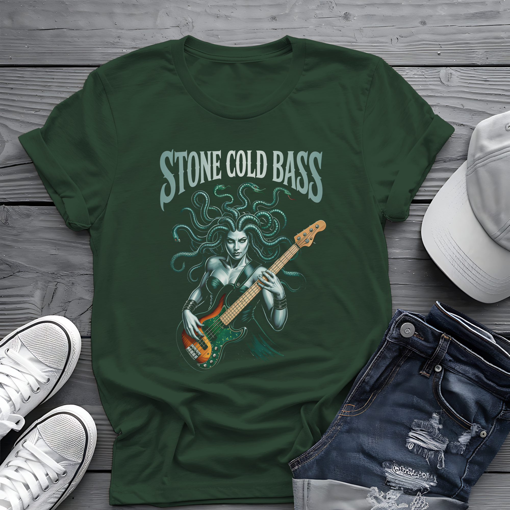 Stone Cold Bass Tee 🐍 Medusa Bassist Shirt - Spooky Music Shirt