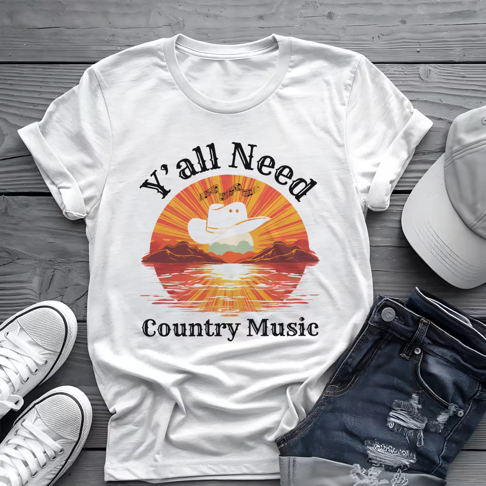 Y'all Need Country Tee 🤠🎶 Sunset Cowboy Hat Shirt - Country Music Shirt