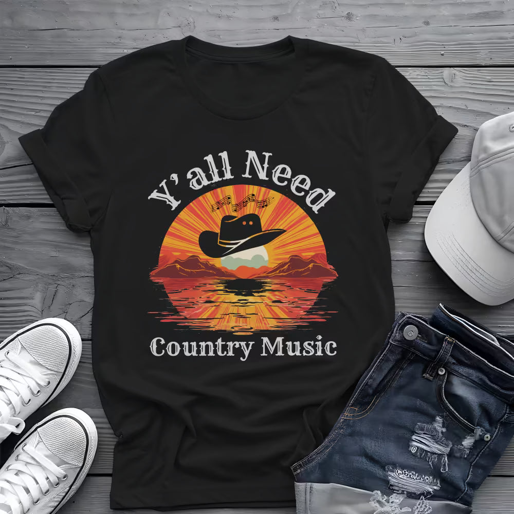 Y'all Need Country Tee 🤠🎶 Sunset Cowboy Hat Shirt - Country Music Shirt