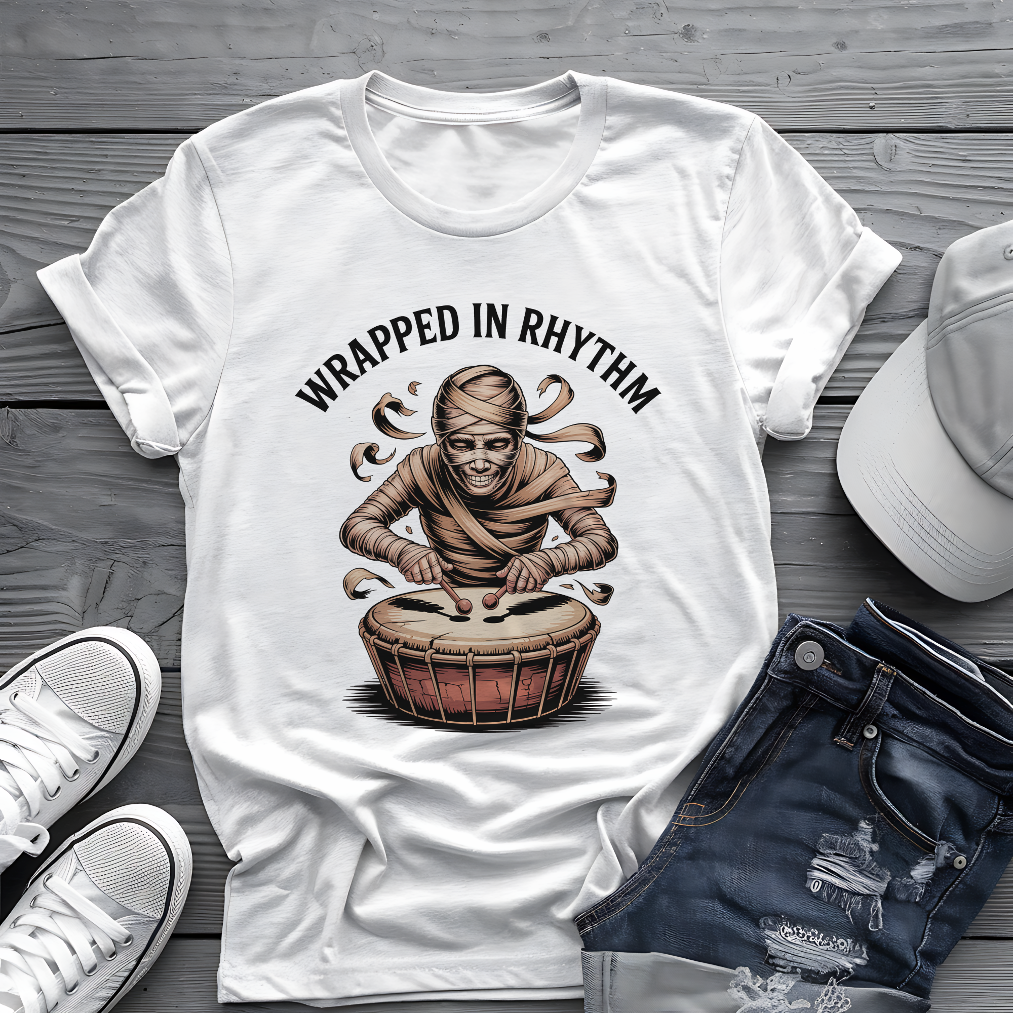Wrapped in Rhythm Tee 🥁 Spooky Mummy Drummer Shirt