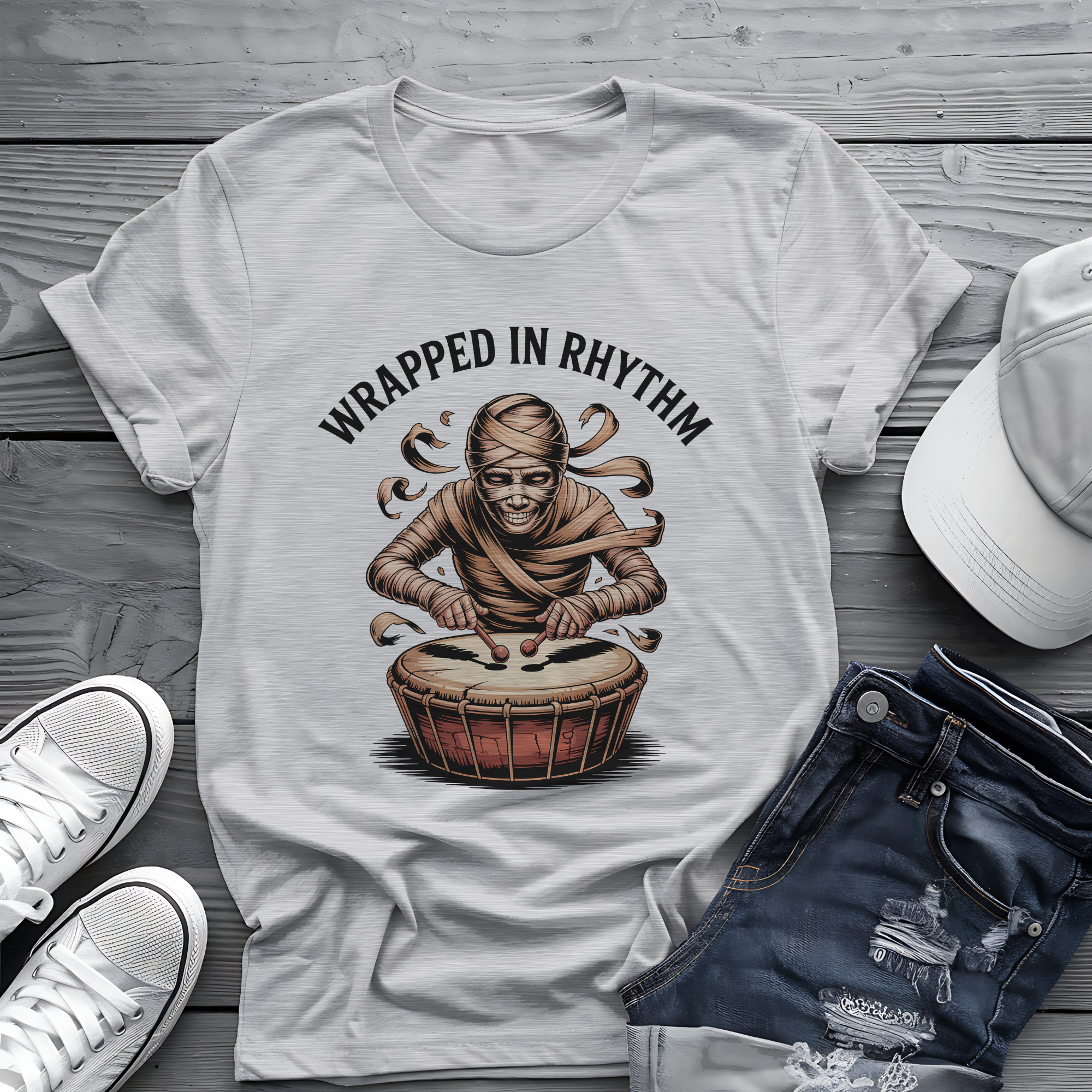 Wrapped in Rhythm Tee 🥁 Spooky Mummy Drummer Shirt