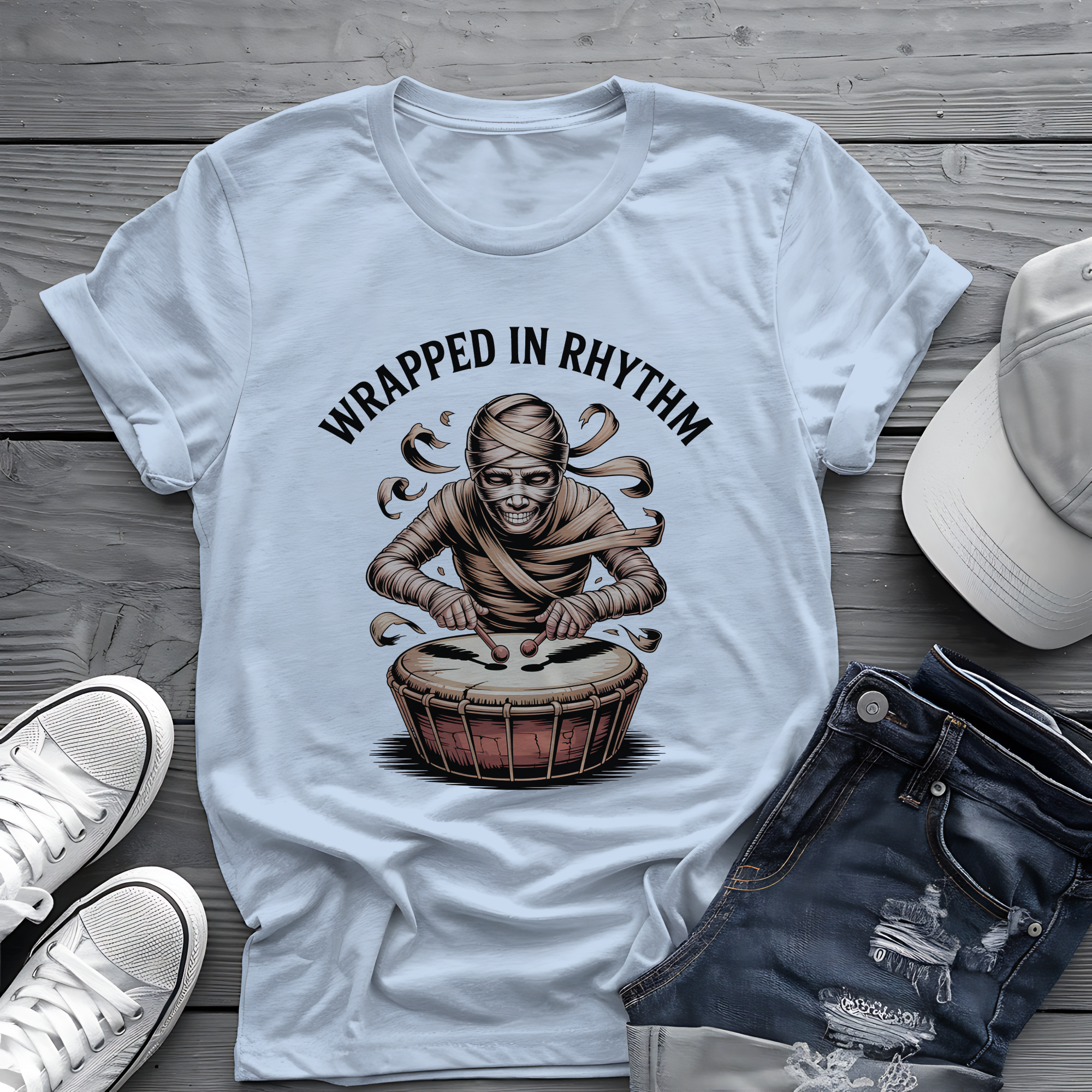 Wrapped in Rhythm Tee 🥁 Spooky Mummy Drummer Shirt