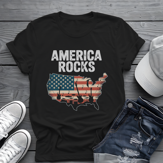 America Rocks Tee 🇺🇸 Patriotic Music 4th of July Shirt - USA Map