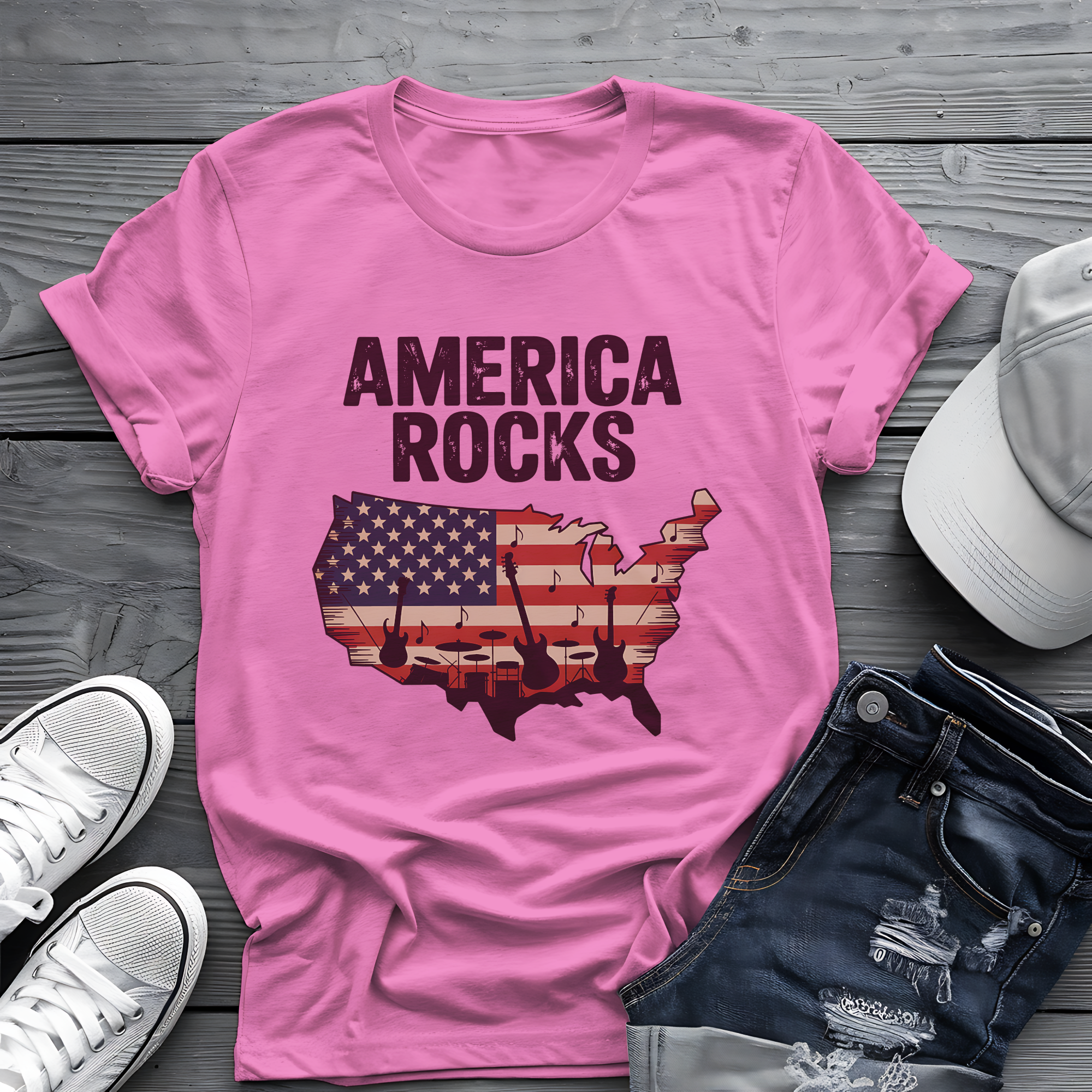 America Rocks Tee 🇺🇸 Patriotic Music 4th of July Shirt - USA Map