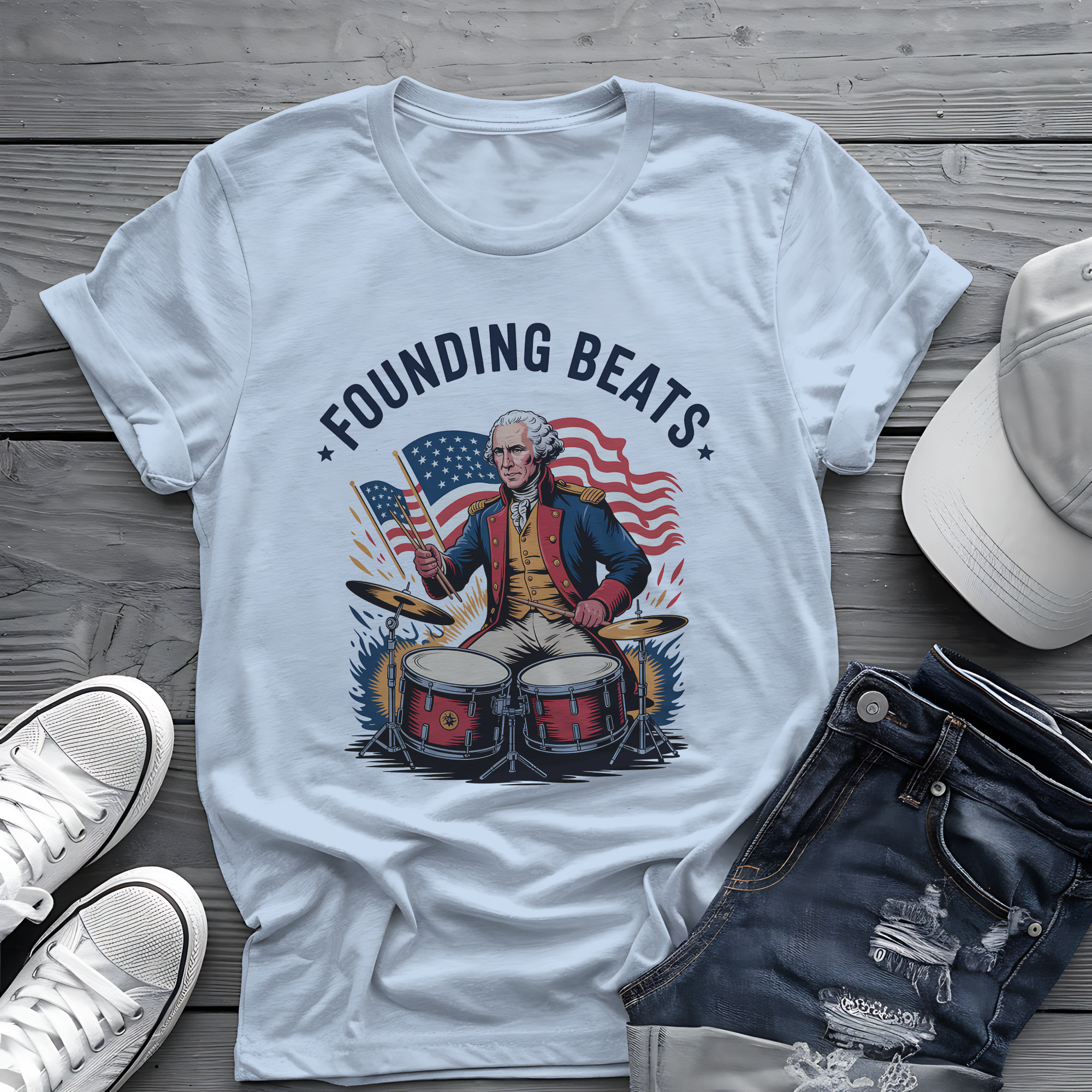 Founding Beats Tee 🥁 Patriotic 4th of July Drummer Shirt - George Washington Music Shirt