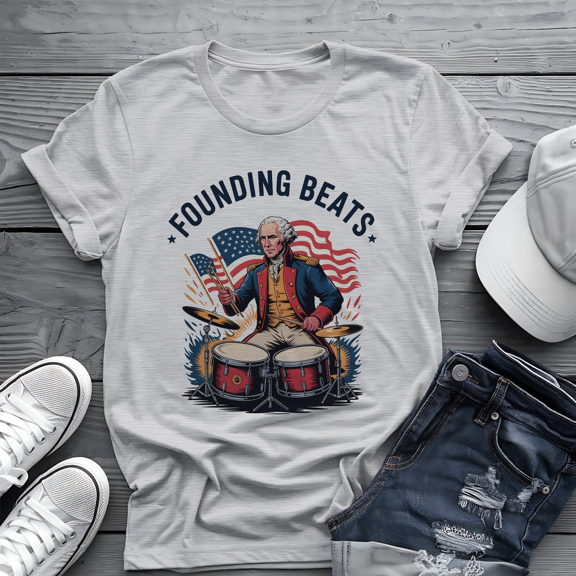 Founding Beats Tee 🥁 Patriotic 4th of July Drummer Shirt - George Washington Music Shirt