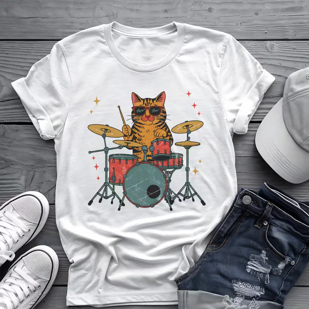 Drummer Cat Tee 🥁 Funny Music Shirt - Cat Lover Gift