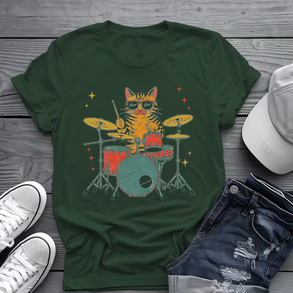 Drummer Cat Tee 🥁 Funny Music Shirt - Cat Lover Gift