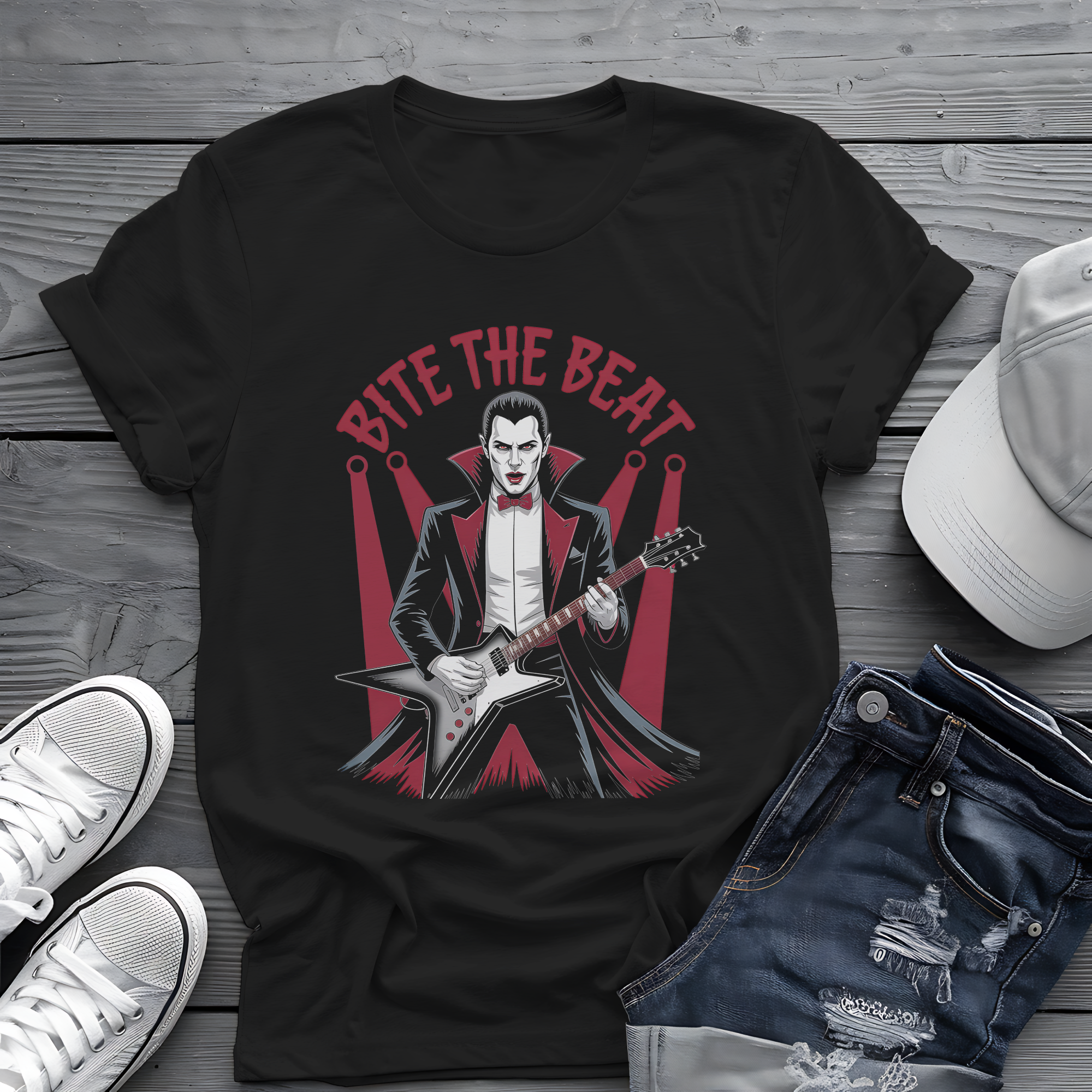 Bite the Beat Dracula Tee 🎸 Goth Rock Vampire Shirt - Spooky Halloween Music Shirt