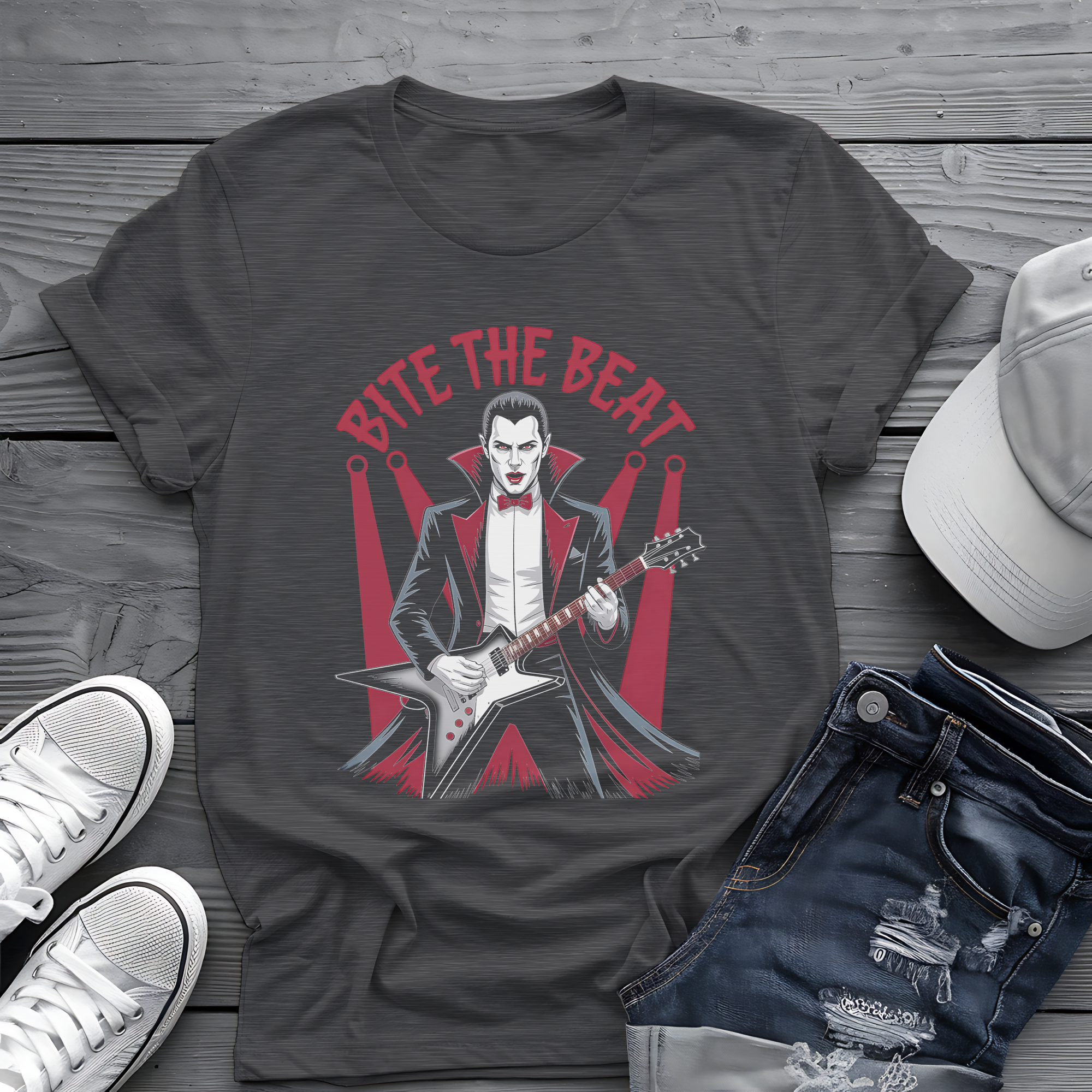 Bite the Beat Dracula Tee 🎸 Goth Rock Vampire Shirt - Spooky Halloween Music Shirt