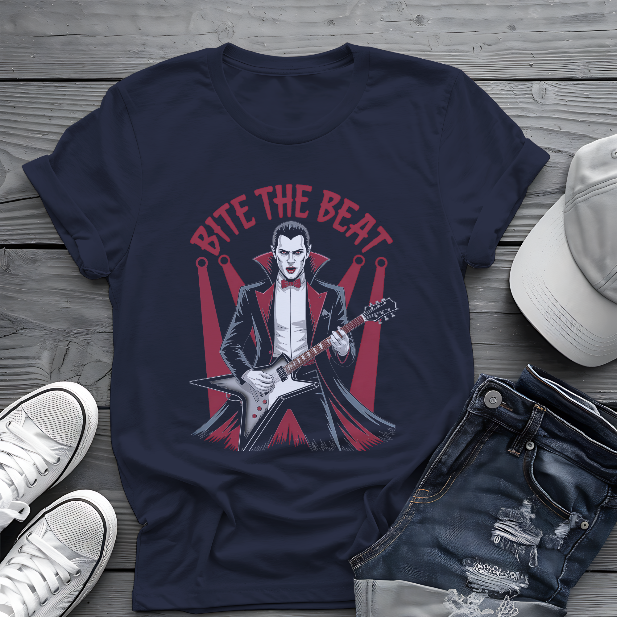 Bite the Beat Dracula Tee 🎸 Goth Rock Vampire Shirt - Spooky Halloween Music Shirt