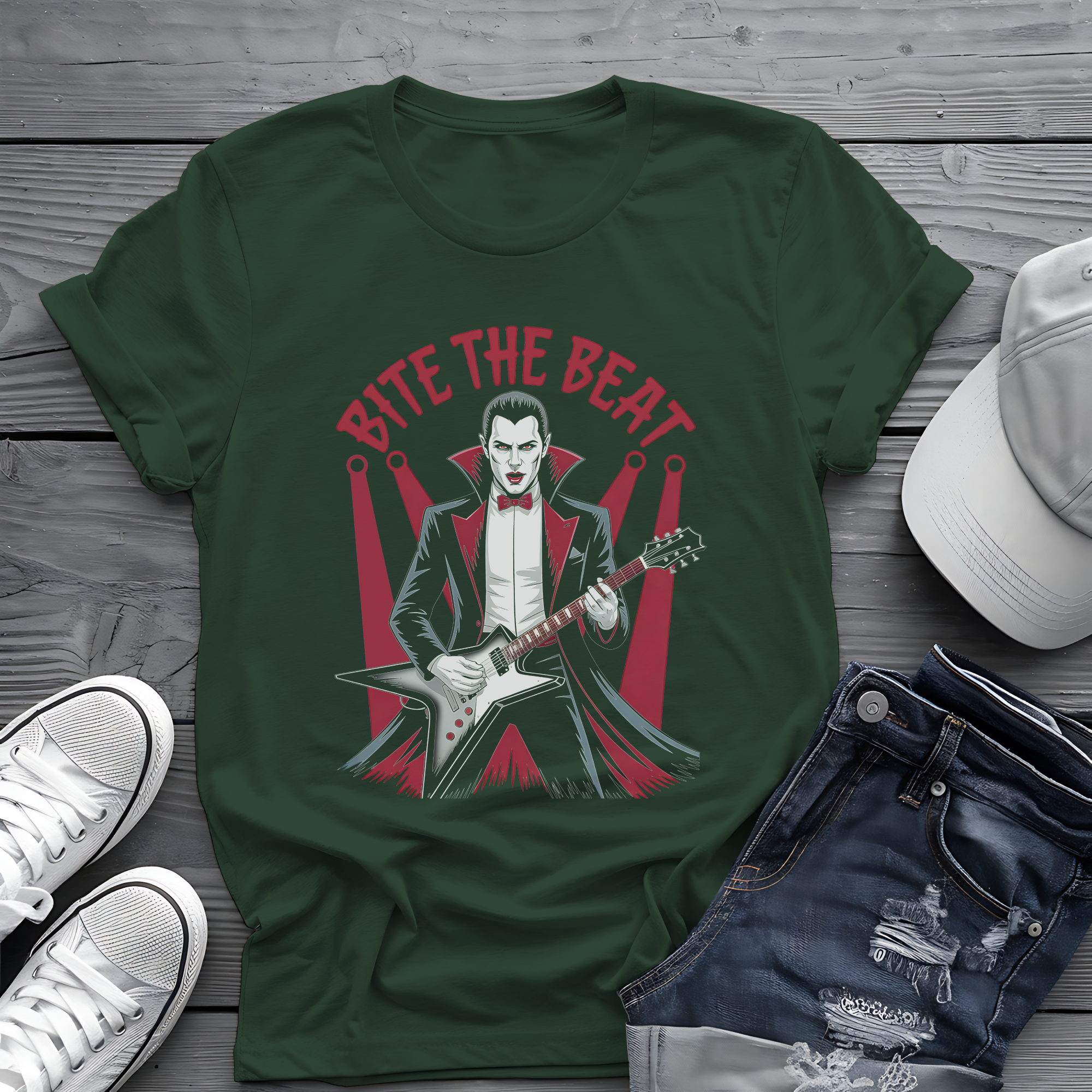 Bite the Beat Dracula Tee 🎸 Goth Rock Vampire Shirt - Spooky Halloween Music Shirt