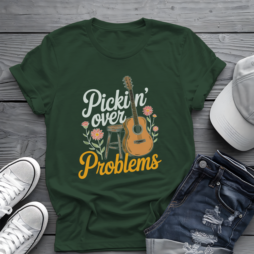 Pickin' Over Problems Tee 🎸 Funny Acoustic Guitar Folk Shirt