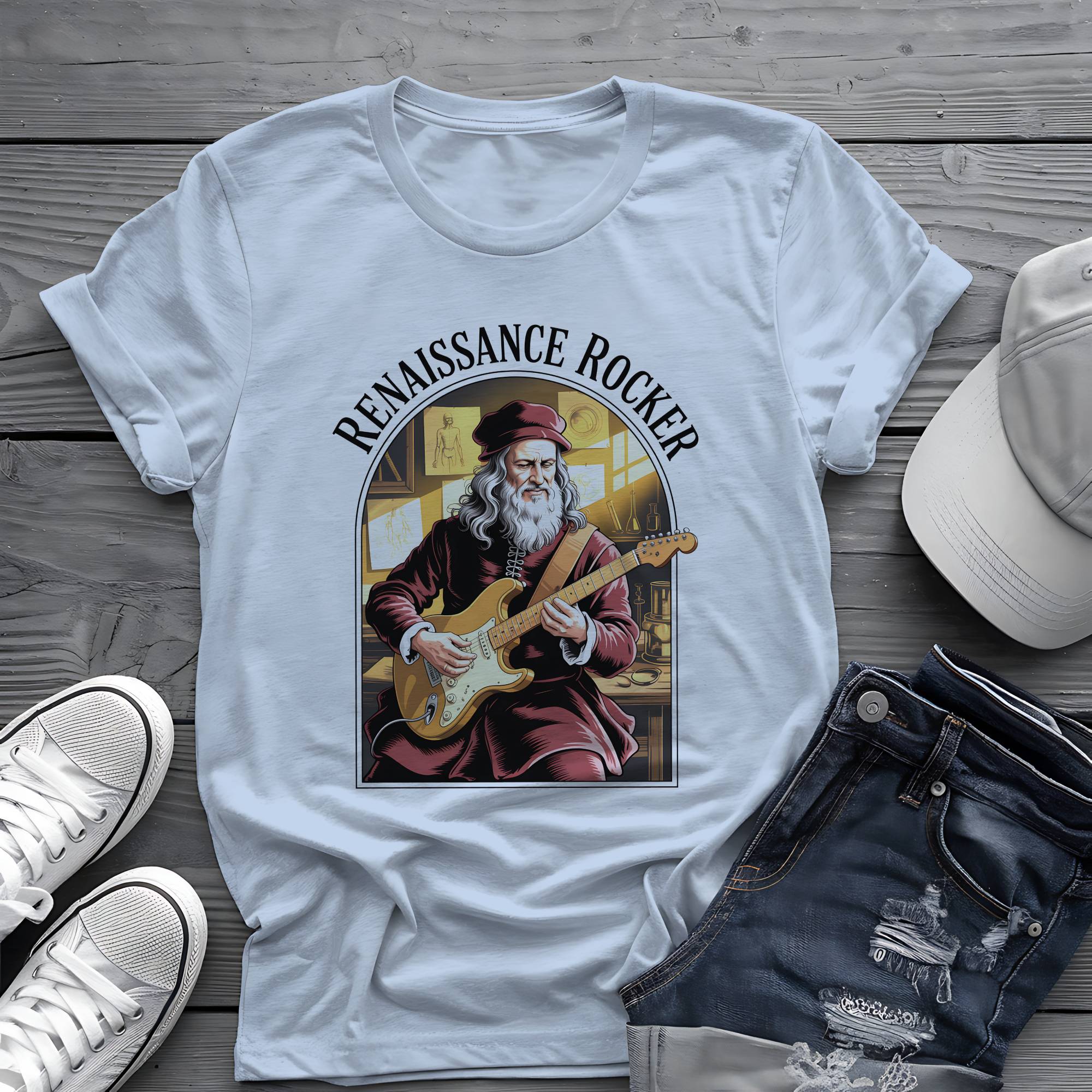 Renaissance Rocker: Da Vinci Guitar Virtuoso Premium Graphic Tee 🎸