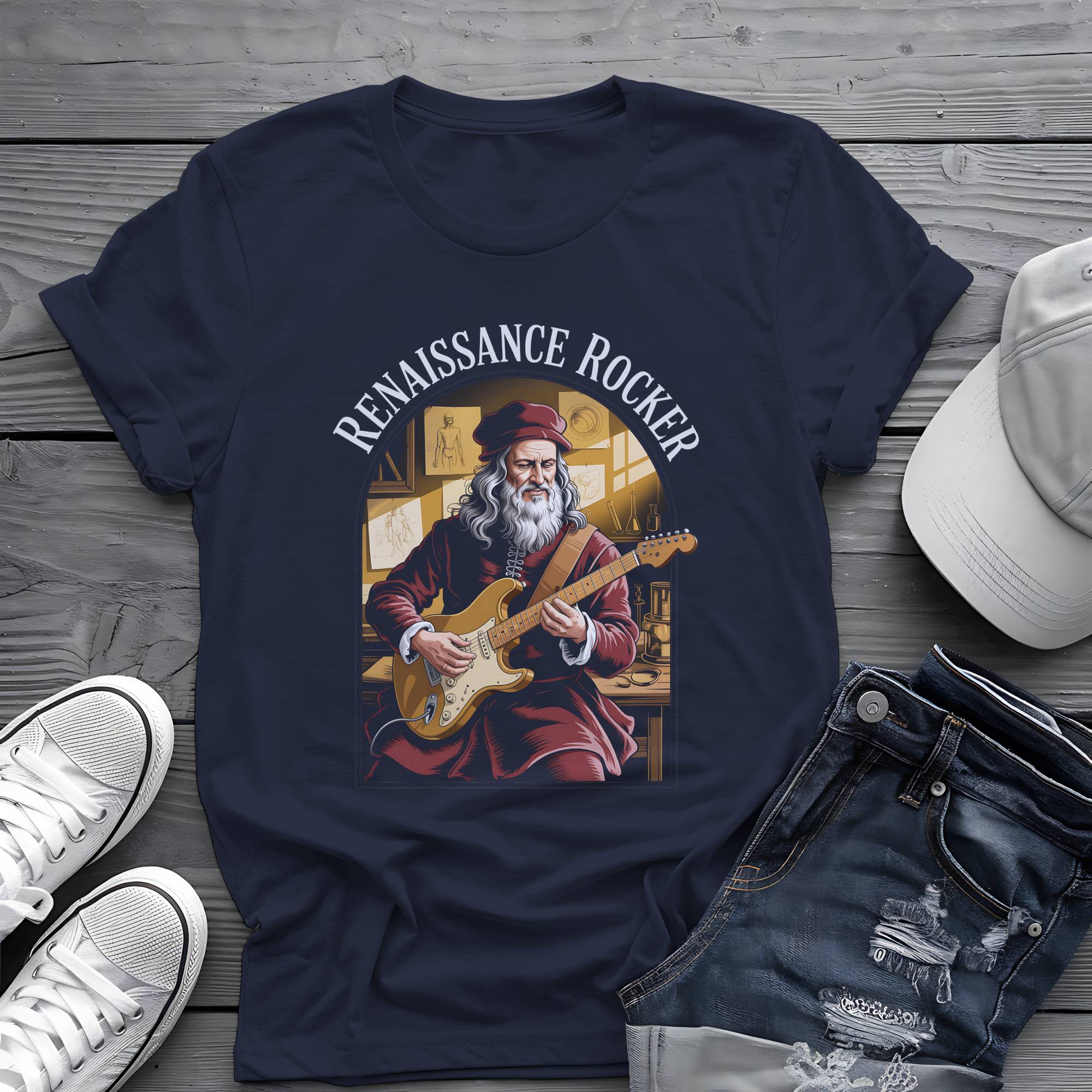 Renaissance Rocker: Da Vinci Guitar Virtuoso Premium Graphic Tee 🎸