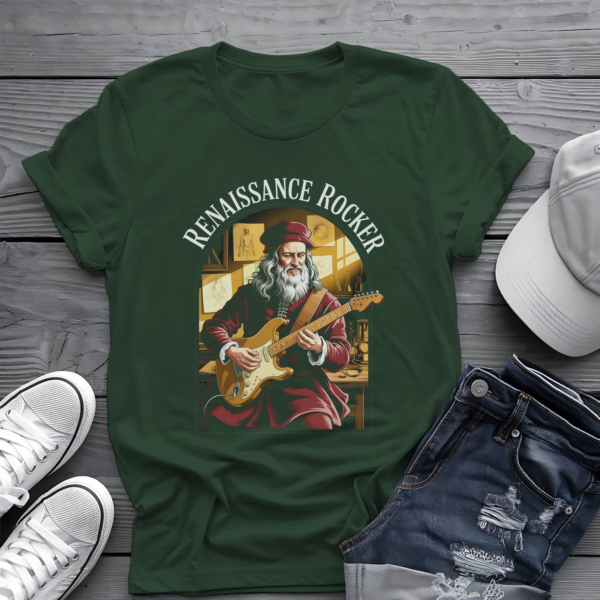 Renaissance Rocker: Da Vinci Guitar Virtuoso Premium Graphic Tee 🎸