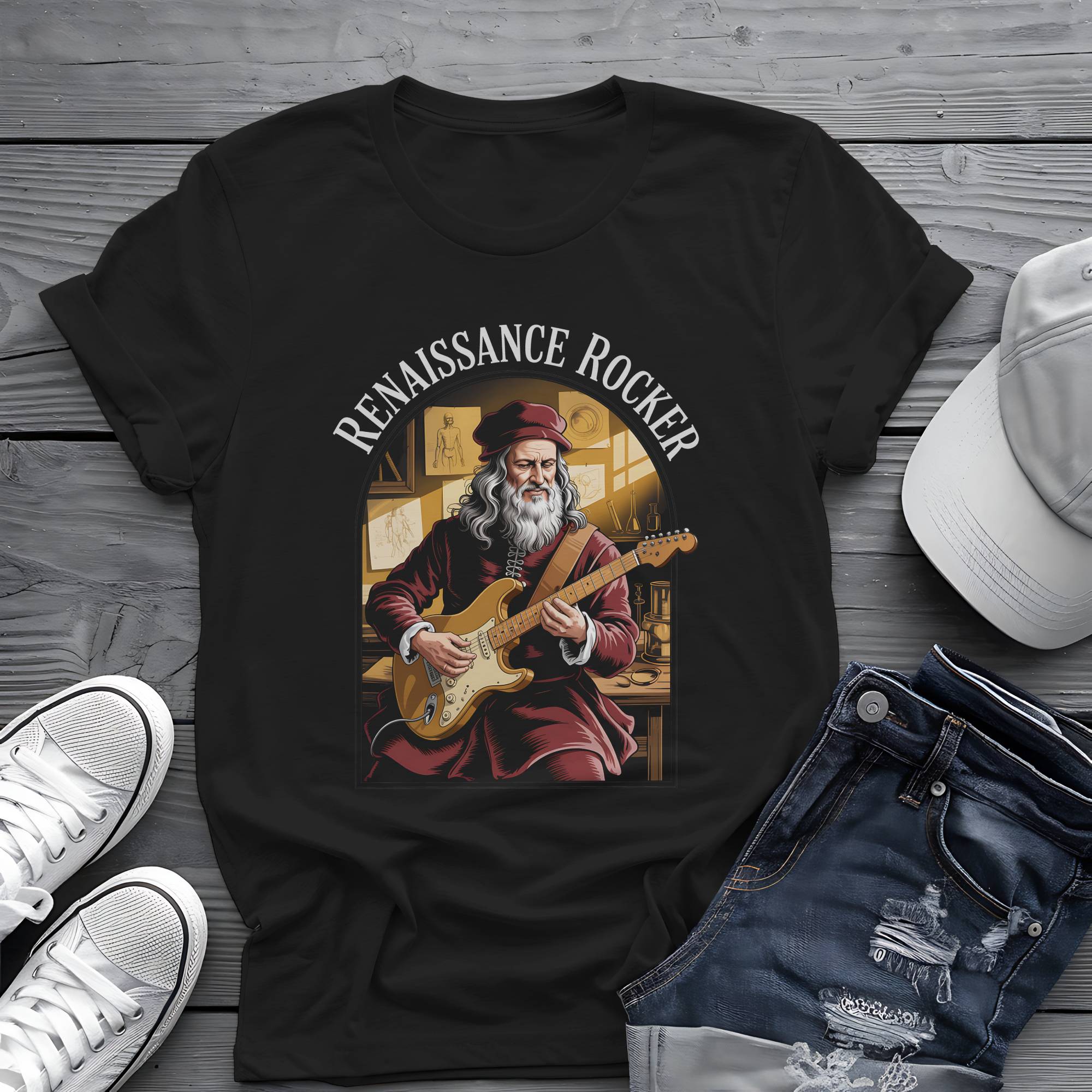 Renaissance Rocker: Da Vinci Guitar Virtuoso Premium Graphic Tee 🎸