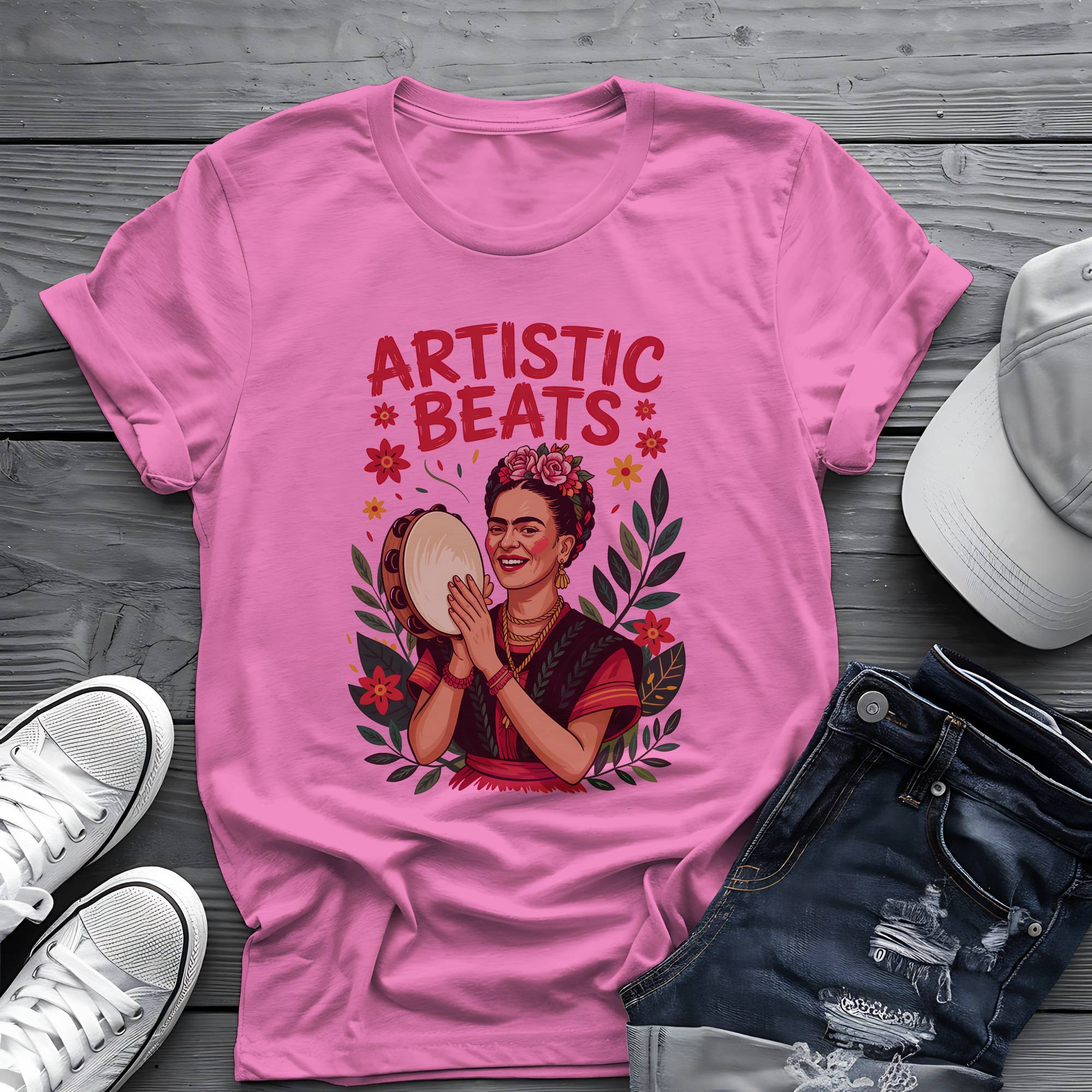 Artistic Beats: Frida’s Folk Tambourine Graphic Tee 🌺🪘