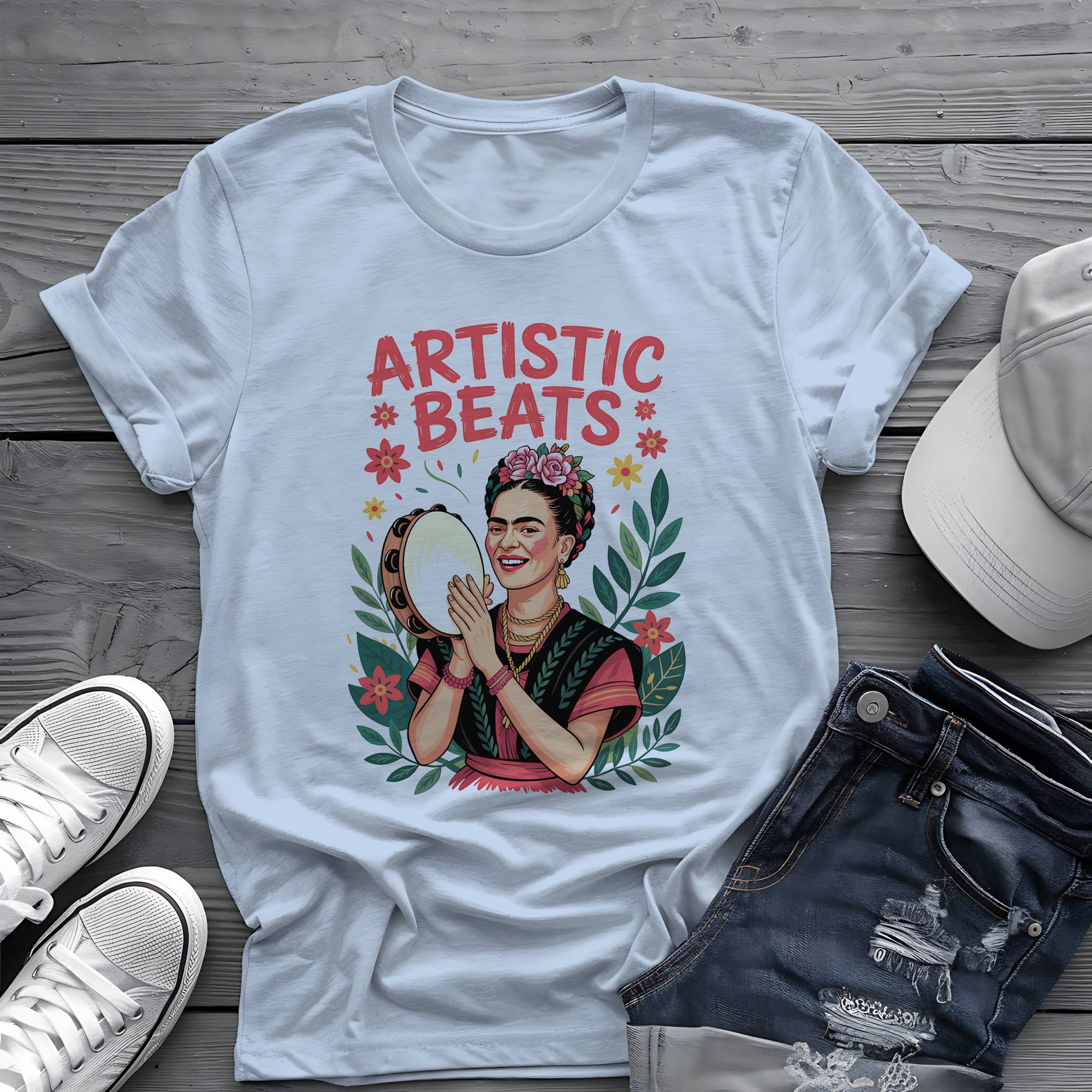 Artistic Beats: Frida’s Folk Tambourine Graphic Tee 🌺🪘