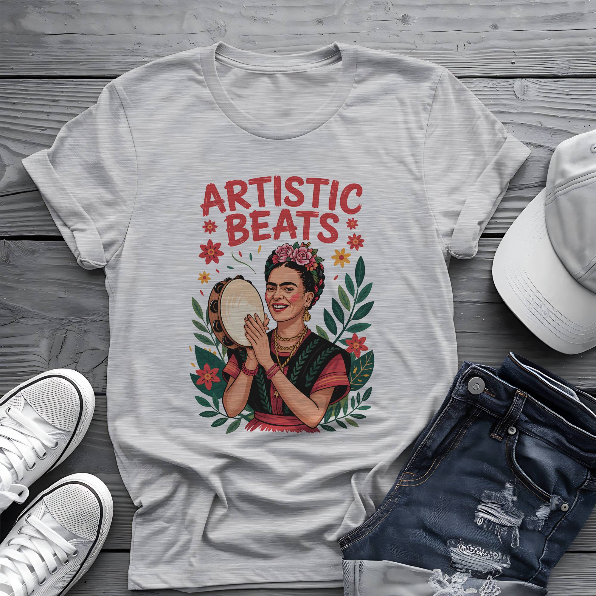 Artistic Beats: Frida’s Folk Tambourine Graphic Tee 🌺🪘