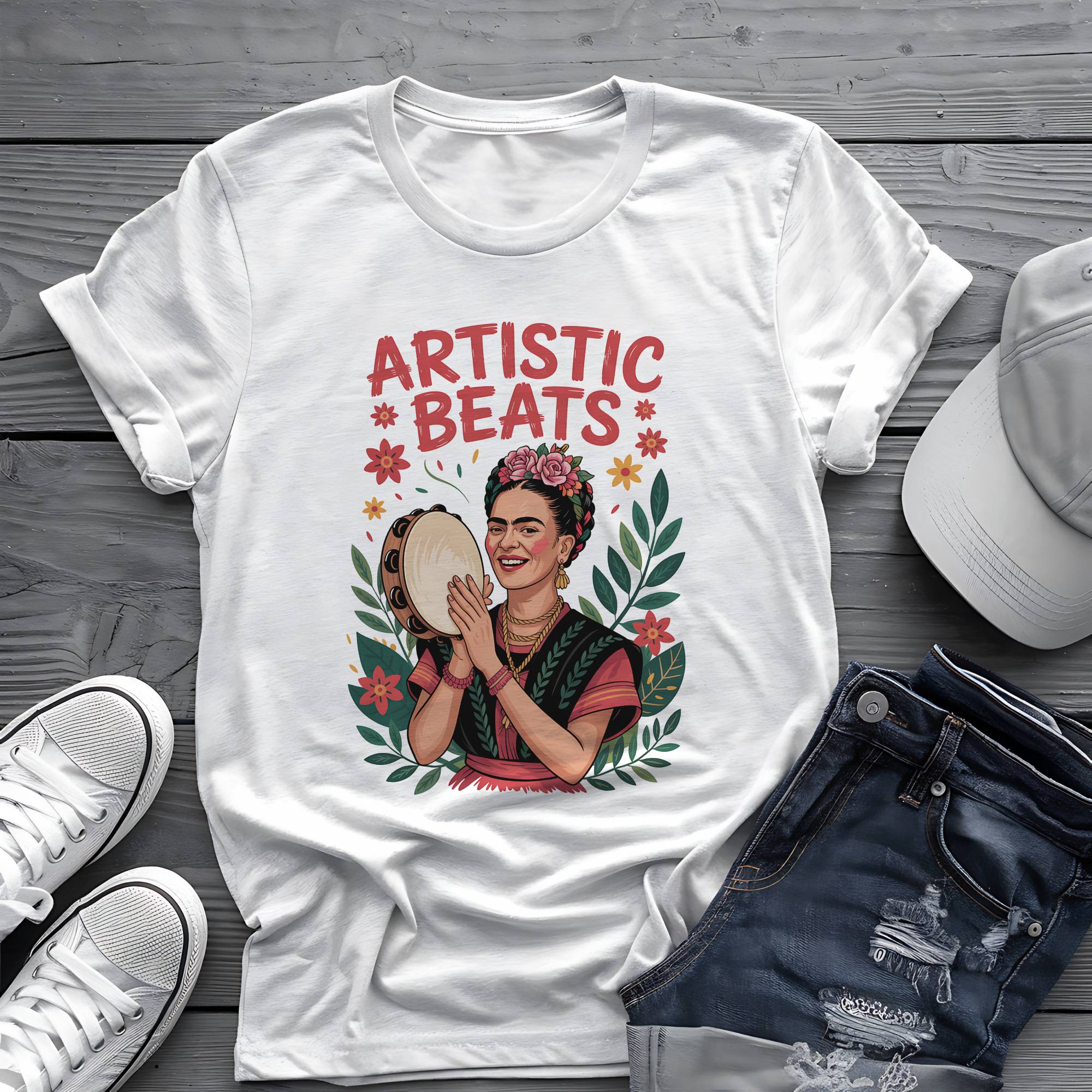 Artistic Beats: Frida’s Folk Tambourine Graphic Tee 🌺🪘