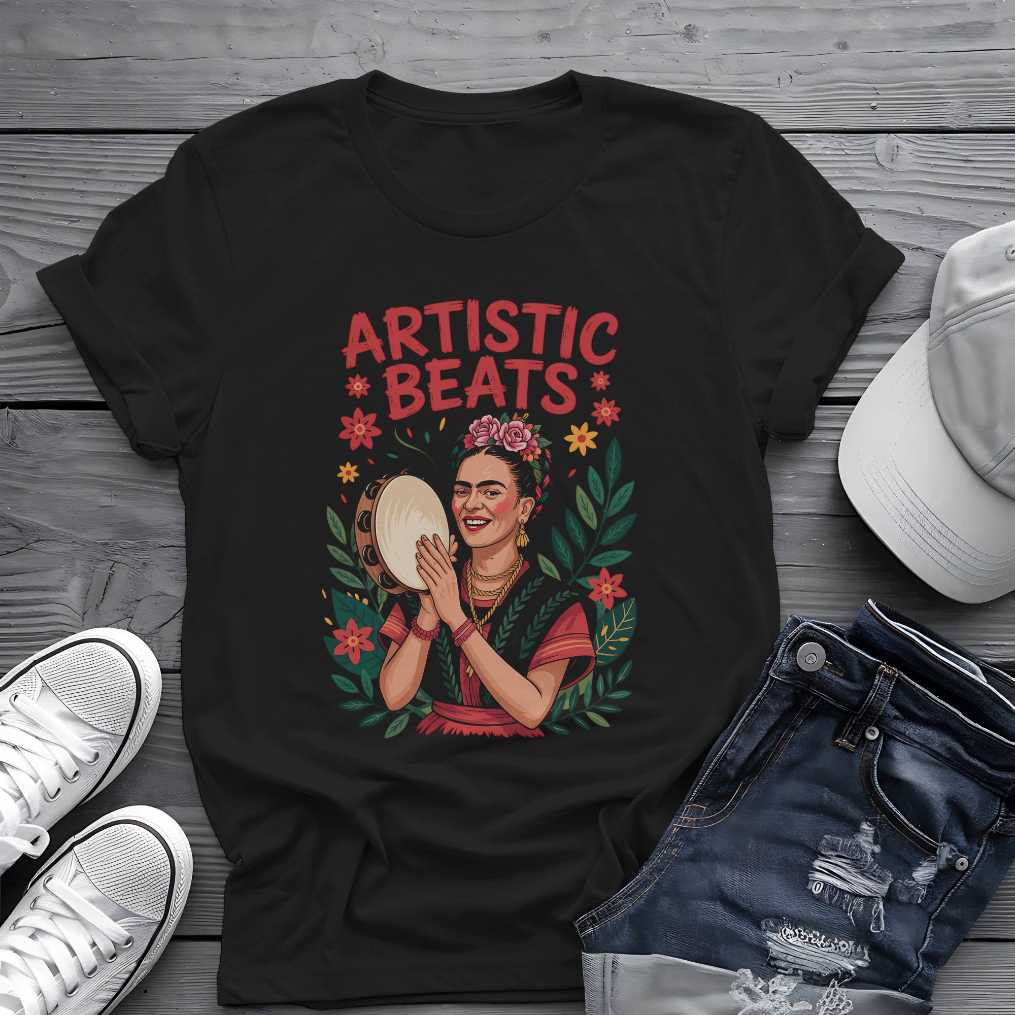 Artistic Beats: Frida’s Folk Tambourine Graphic Tee 🌺🪘