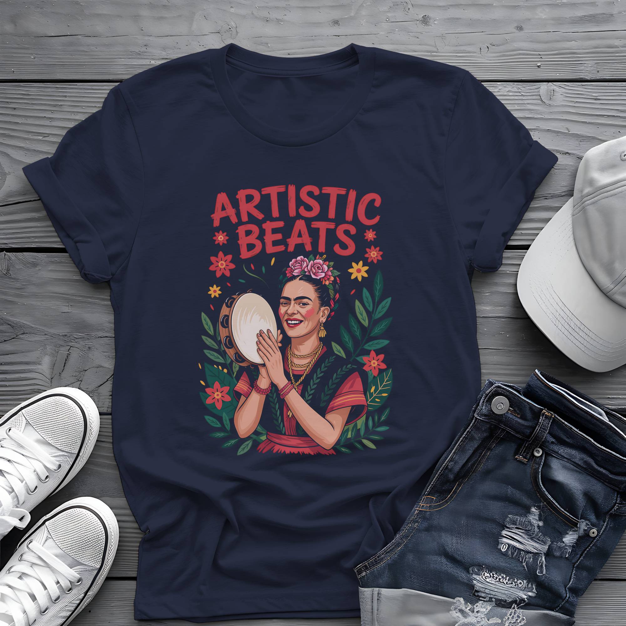 Artistic Beats: Frida’s Folk Tambourine Graphic Tee 🌺🪘