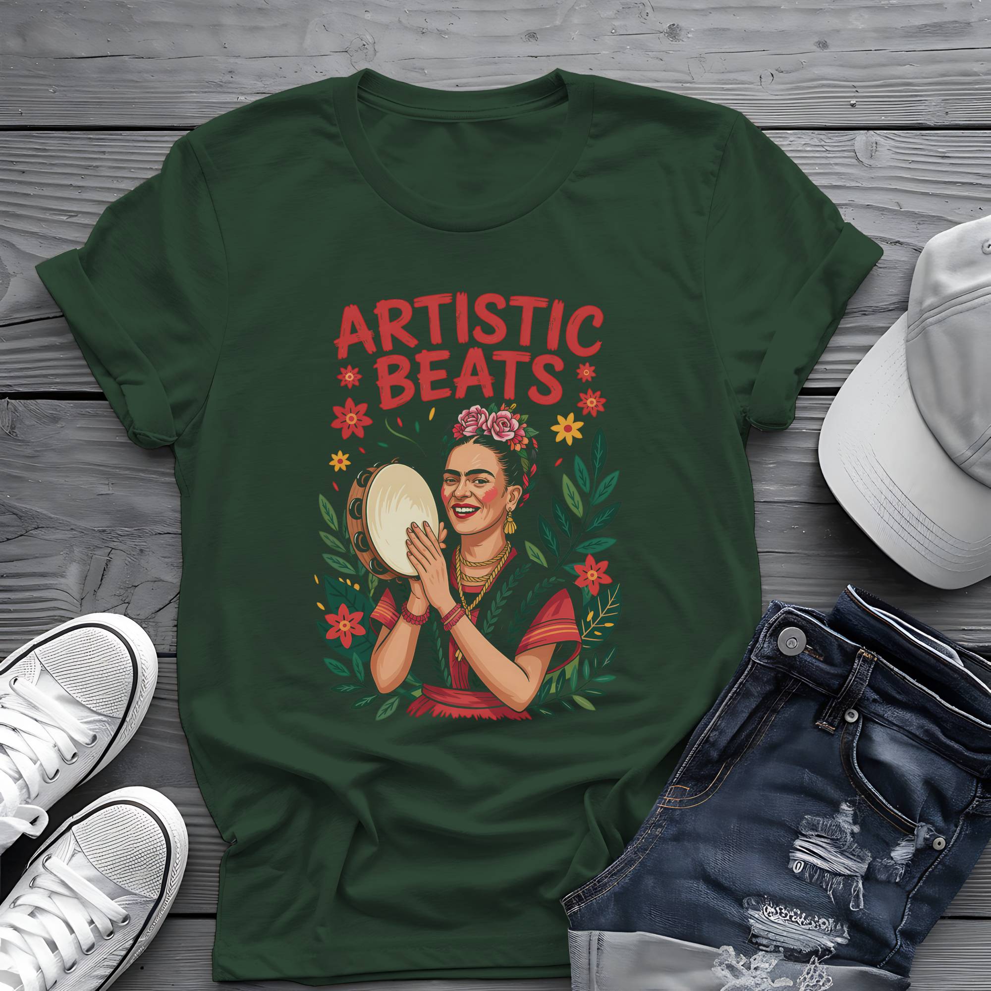 Artistic Beats: Frida’s Folk Tambourine Graphic Tee 🌺🪘