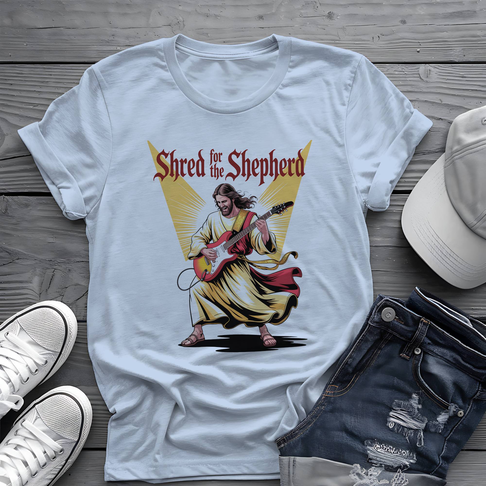 Shred for the Shepherd: Divine Guitar Virtuoso Graphic Tee 🎸✨