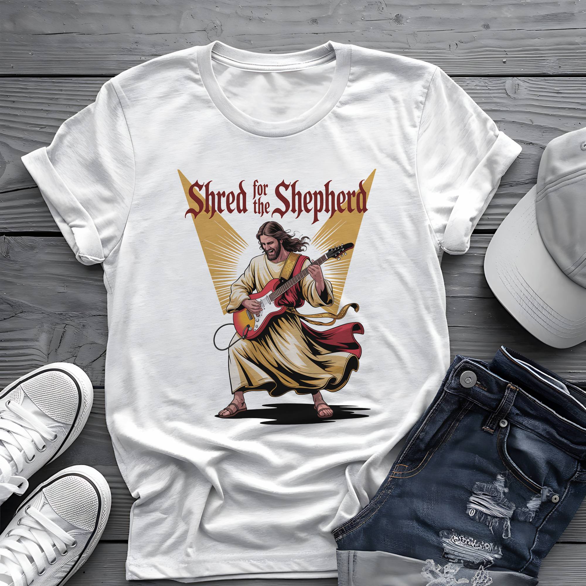 Shred for the Shepherd: Divine Guitar Virtuoso Graphic Tee 🎸✨