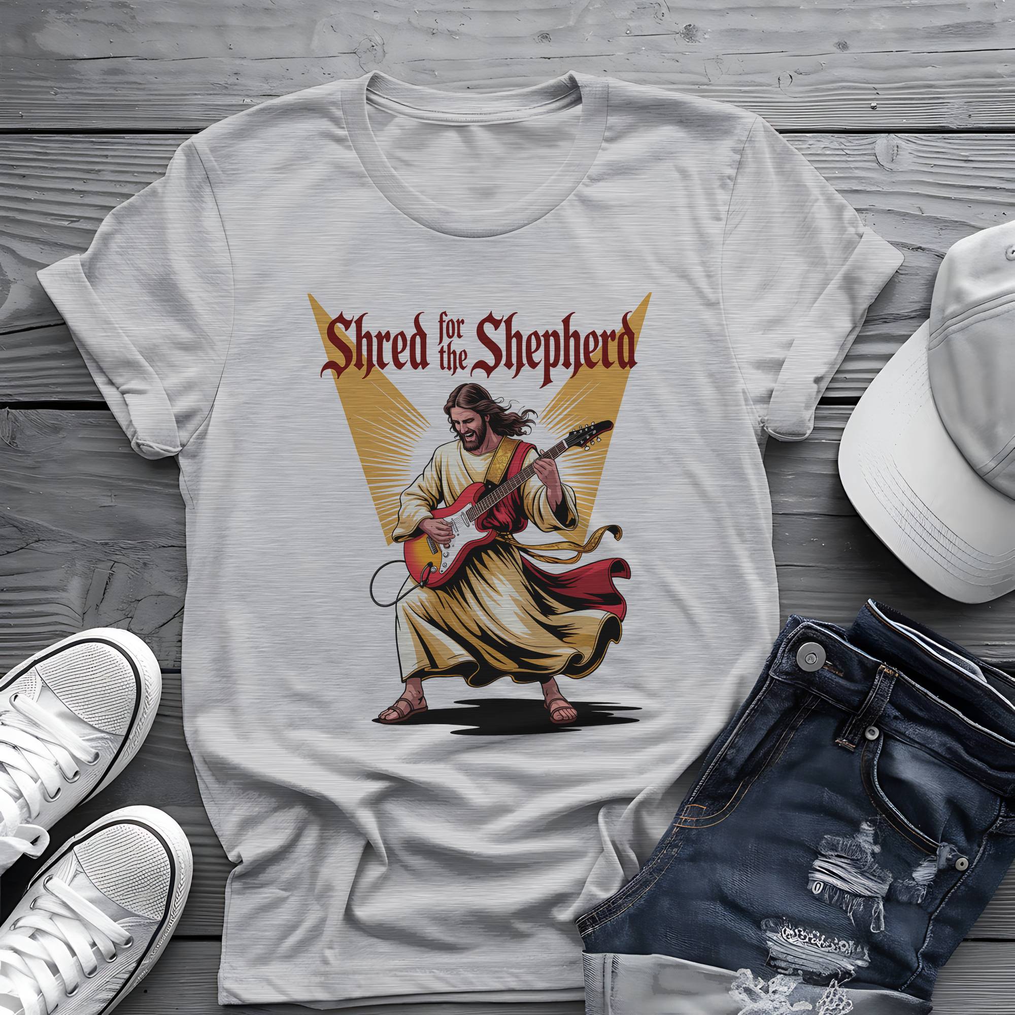 Shred for the Shepherd: Divine Guitar Virtuoso Graphic Tee 🎸✨