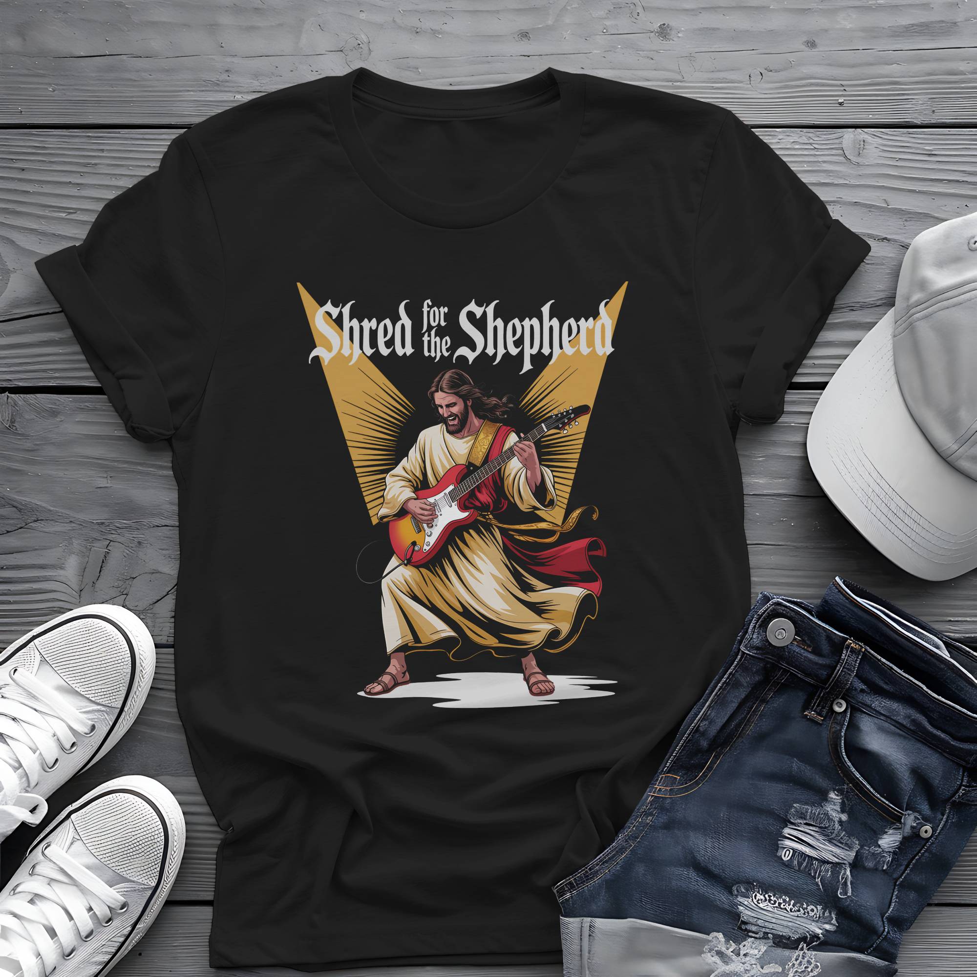 Shred for the Shepherd: Divine Guitar Virtuoso Graphic Tee 🎸✨