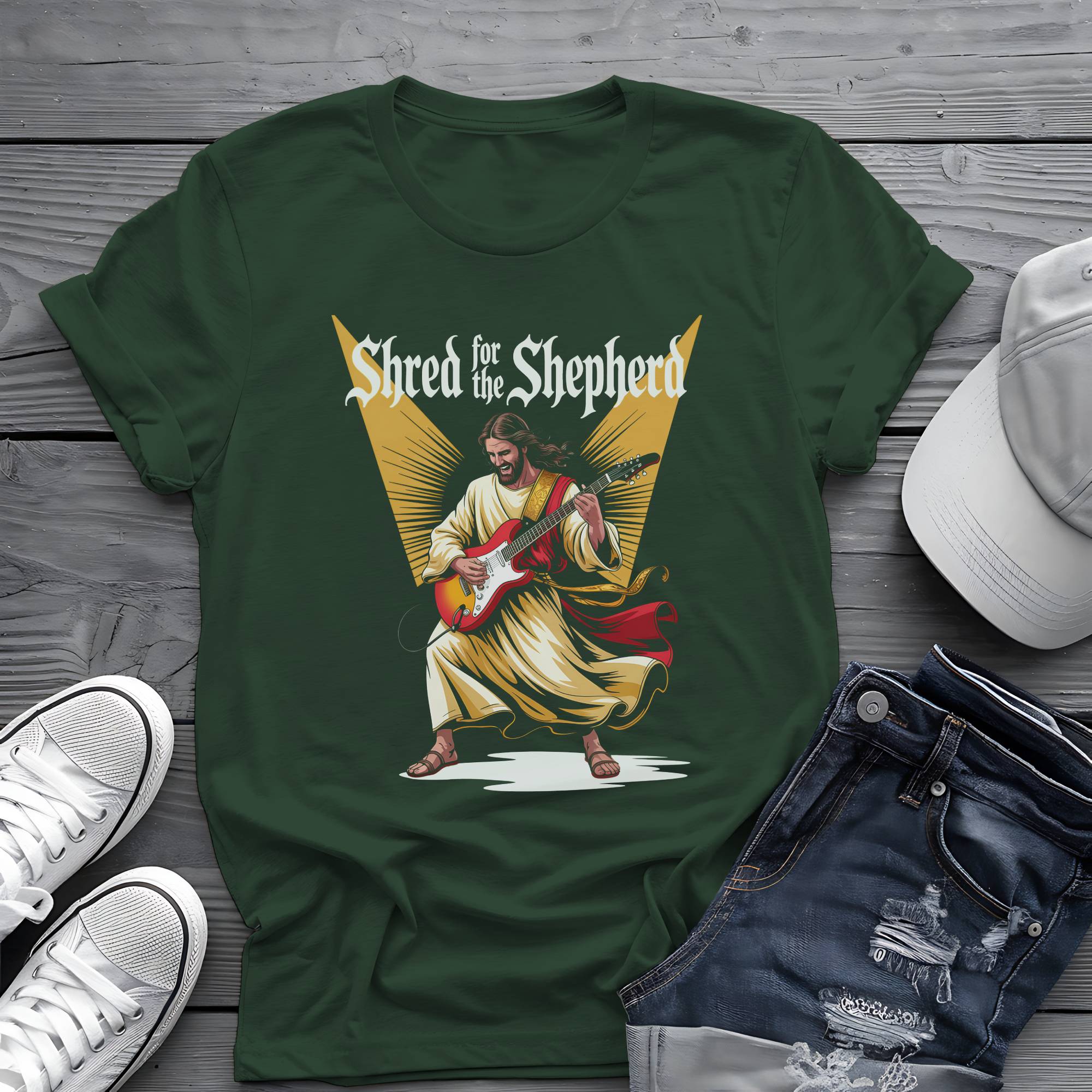 Shred for the Shepherd: Divine Guitar Virtuoso Graphic Tee 🎸✨