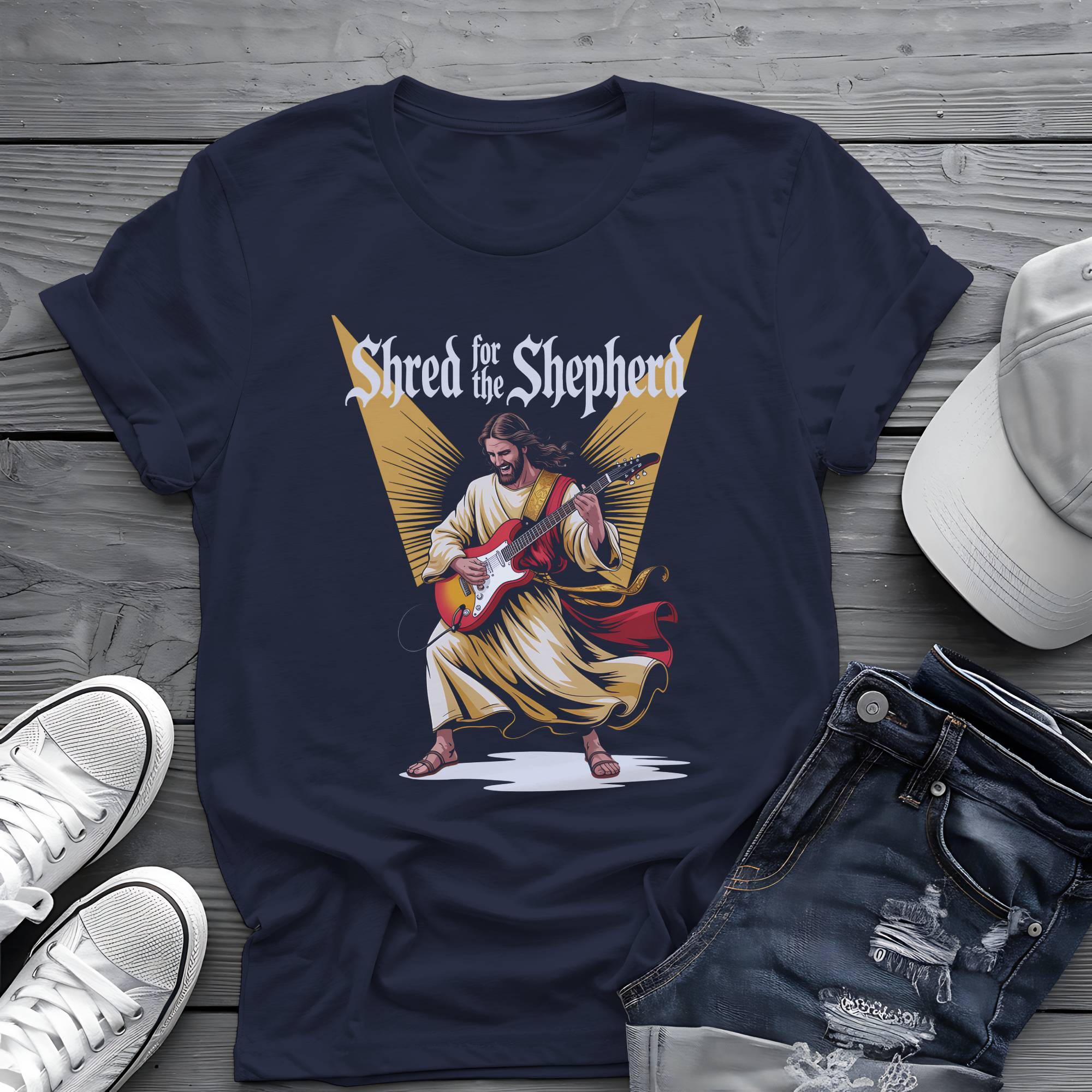 Shred for the Shepherd: Divine Guitar Virtuoso Graphic Tee 🎸✨