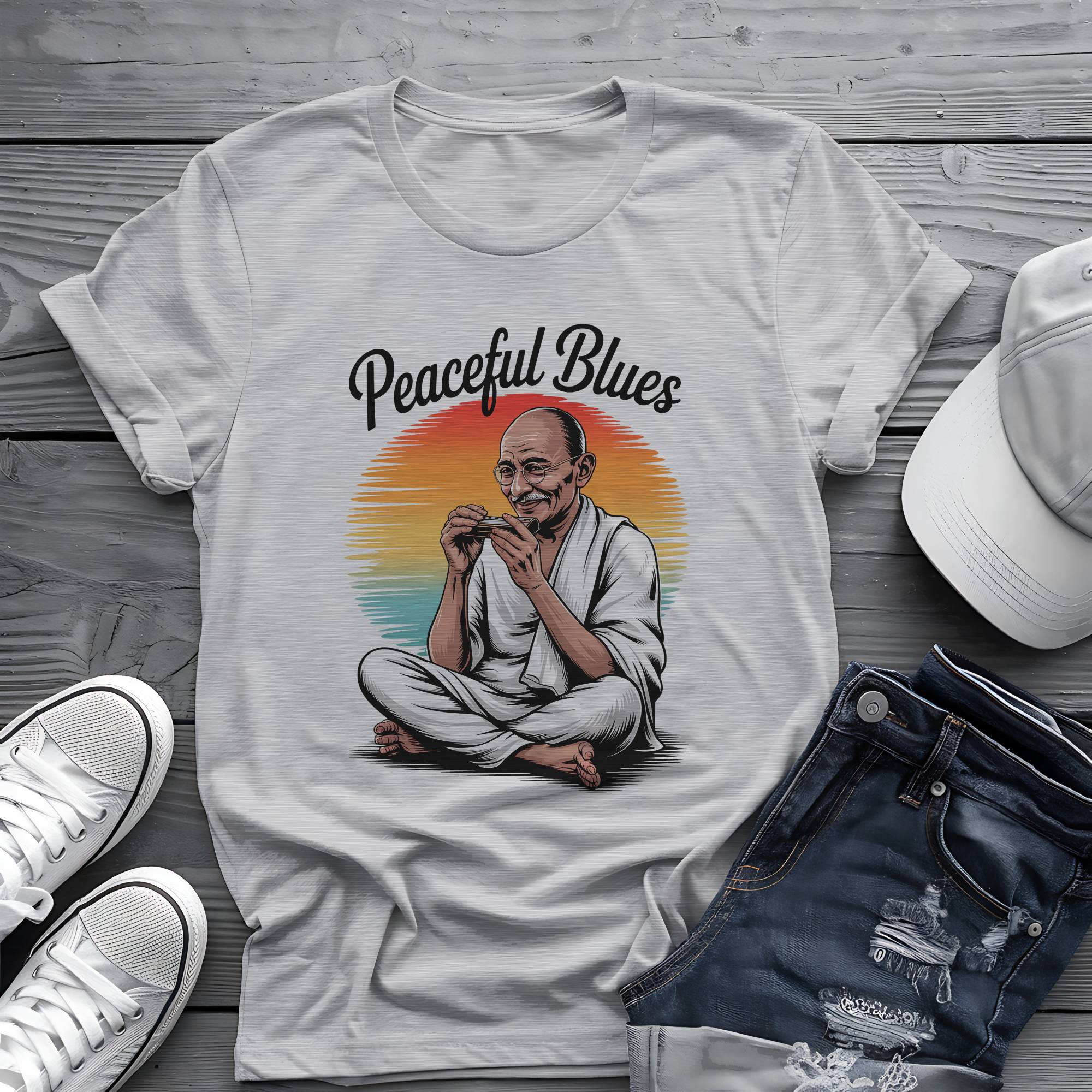 Peaceful Blues: Mahatma Harmonica Zen Retro Sunset Tee 🌅🪗
