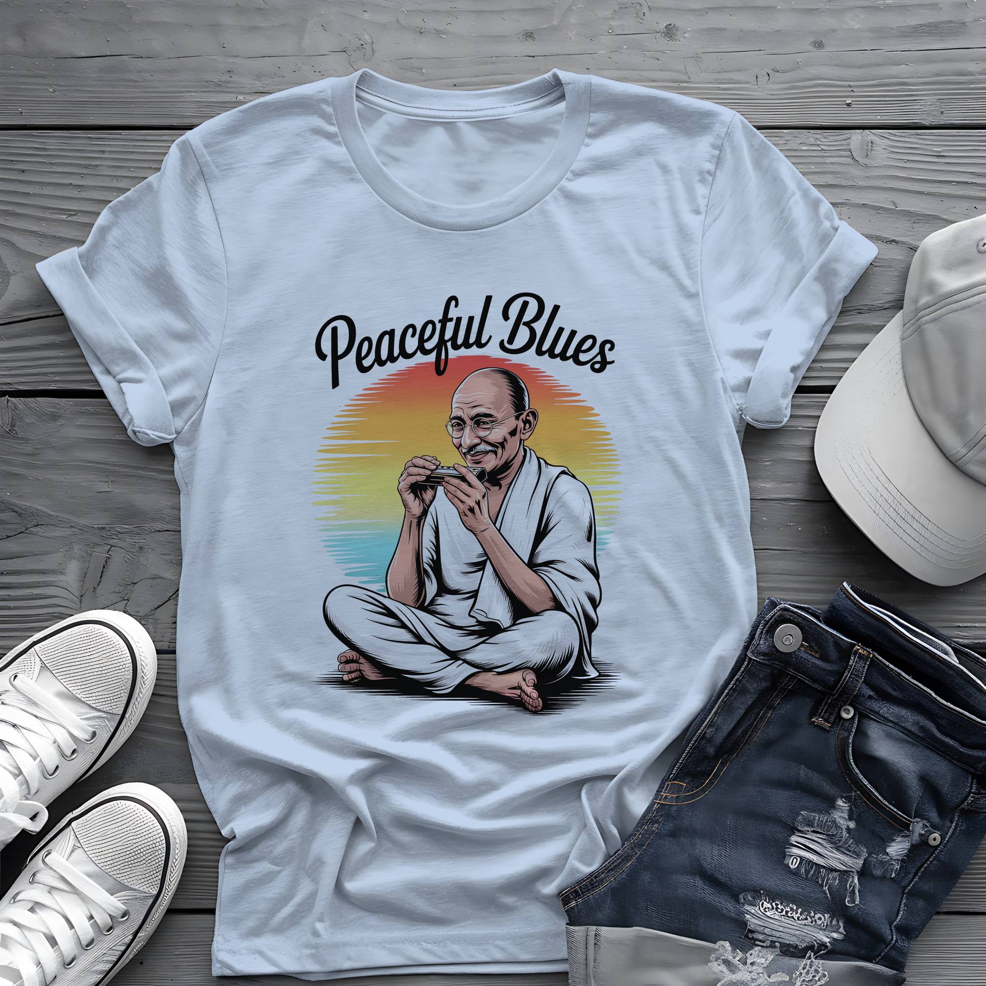 Peaceful Blues: Mahatma Harmonica Zen Retro Sunset Tee 🌅🪗