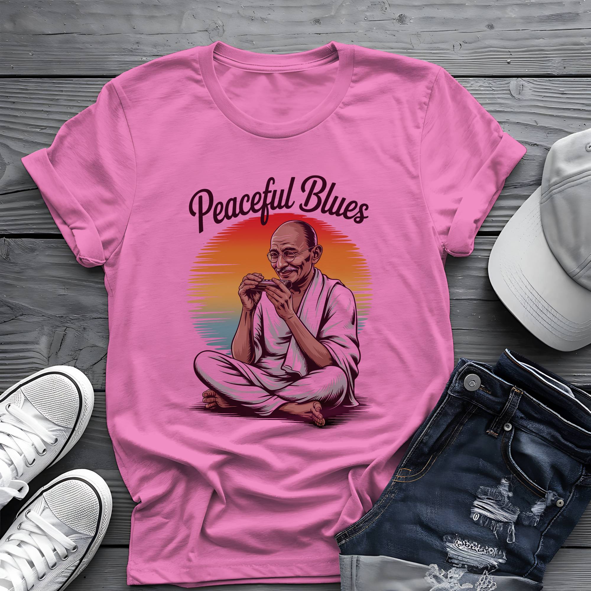 Peaceful Blues: Mahatma Harmonica Zen Retro Sunset Tee 🌅🪗