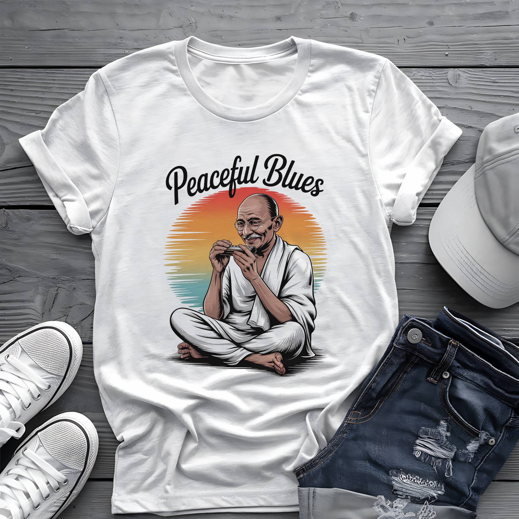 Peaceful Blues: Mahatma Harmonica Zen Retro Sunset Tee 🌅🪗