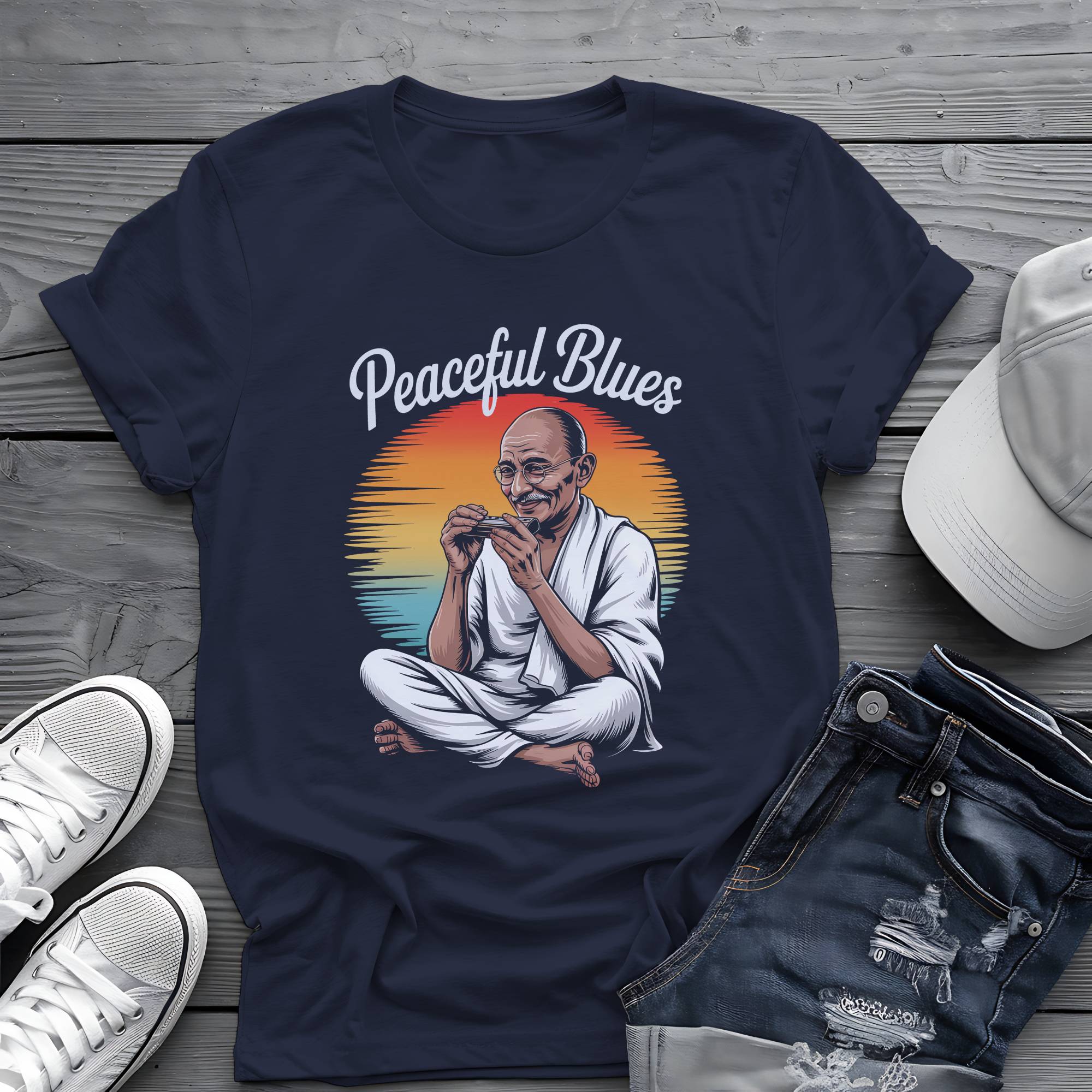 Peaceful Blues: Mahatma Harmonica Zen Retro Sunset Tee 🌅🪗