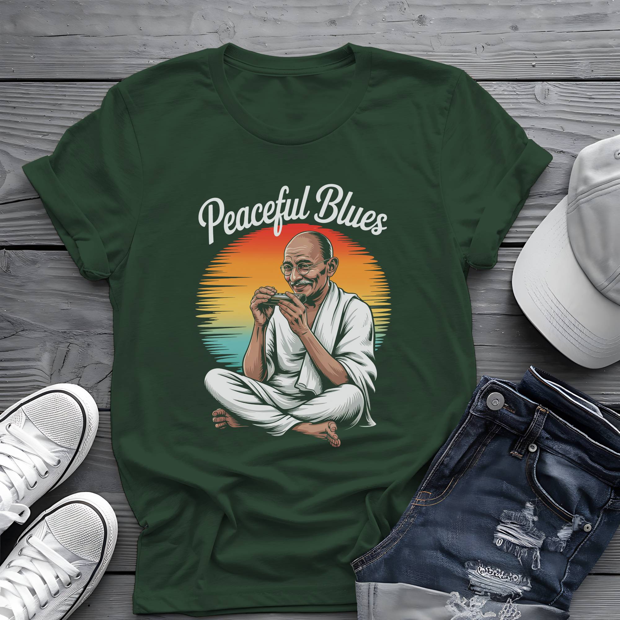 Peaceful Blues: Mahatma Harmonica Zen Retro Sunset Tee 🌅🪗