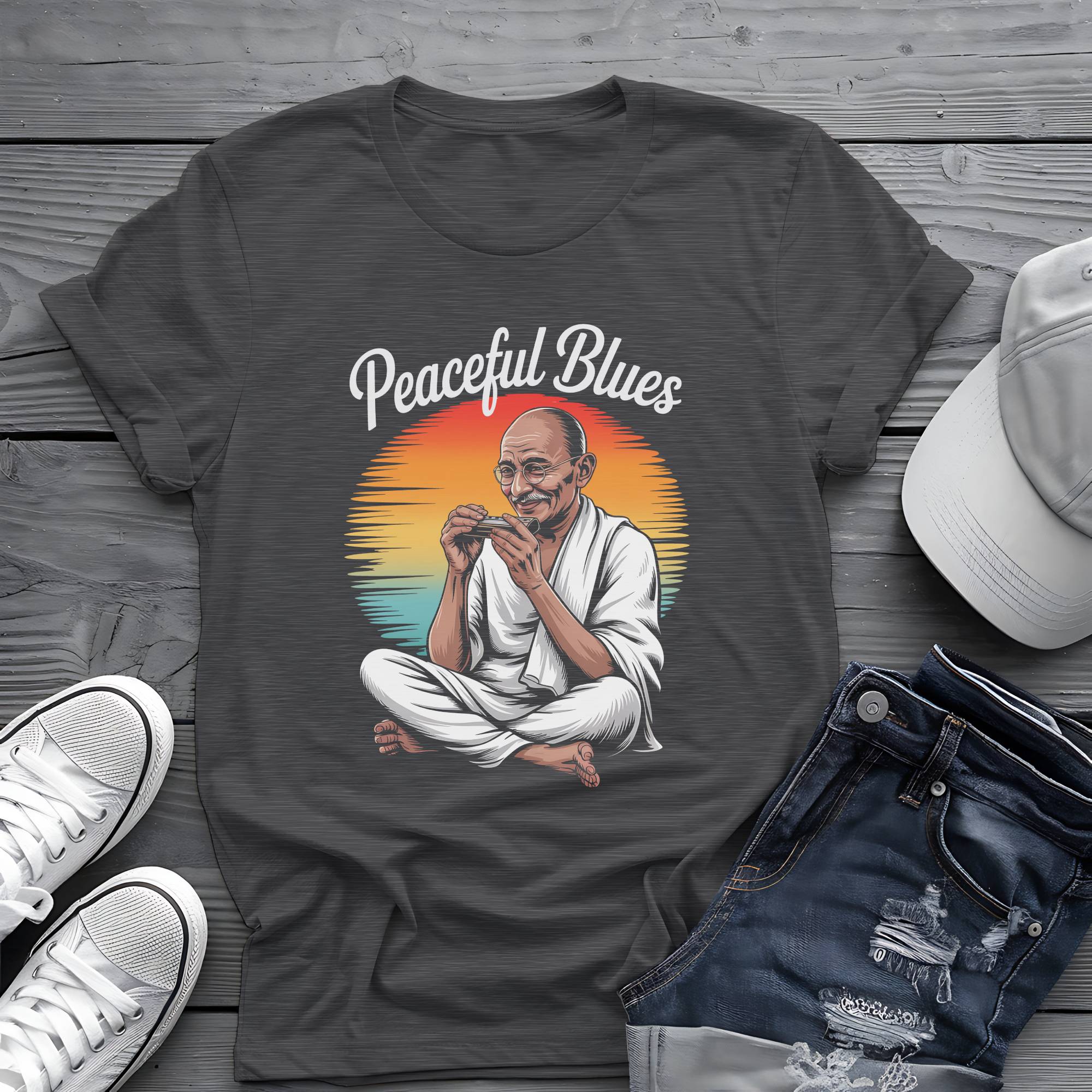 Peaceful Blues: Mahatma Harmonica Zen Retro Sunset Tee 🌅🪗