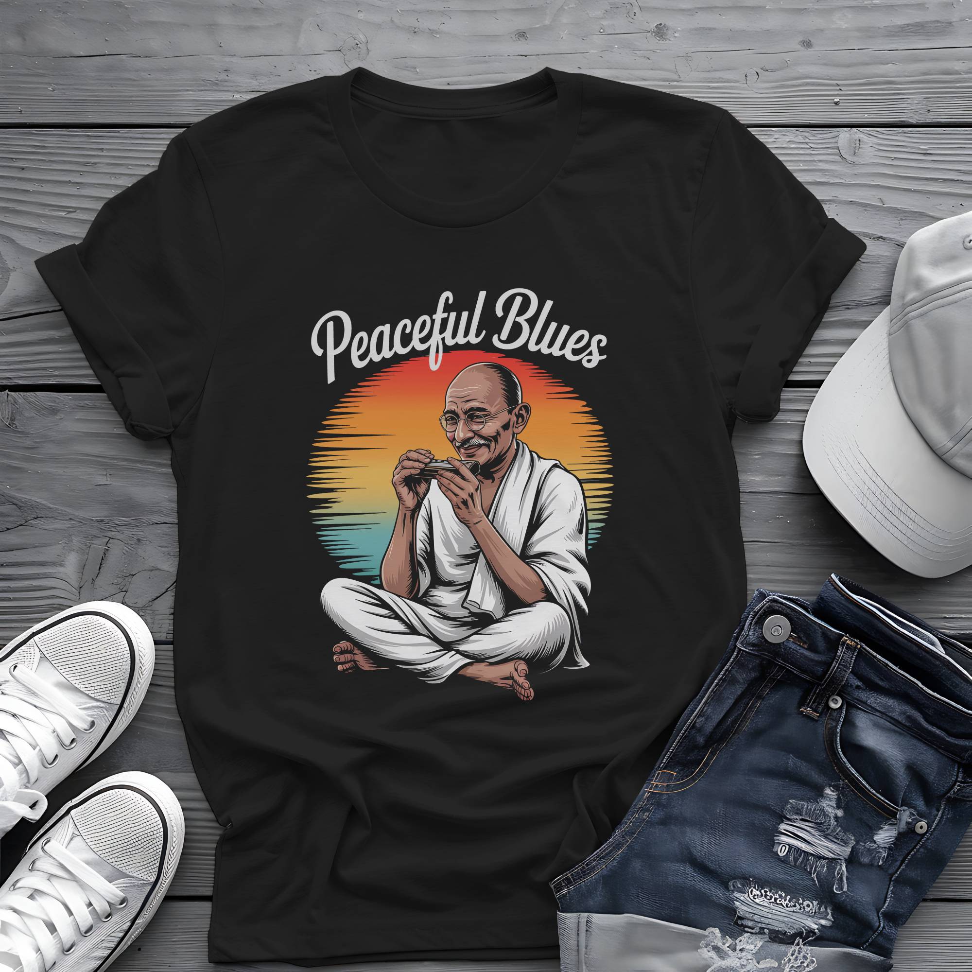 Peaceful Blues: Mahatma Harmonica Zen Retro Sunset Tee 🌅🪗
