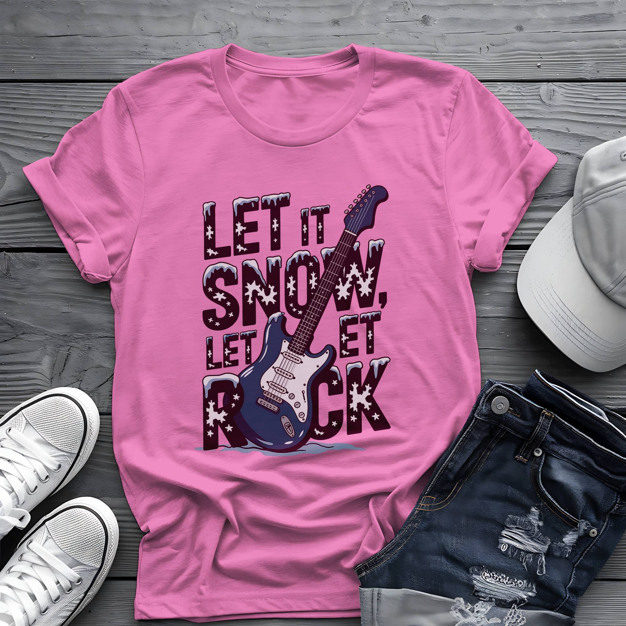 Let It Snow, Let It Rock: Winter Frost Electric Guitar Graphic Tee 🎸❄️